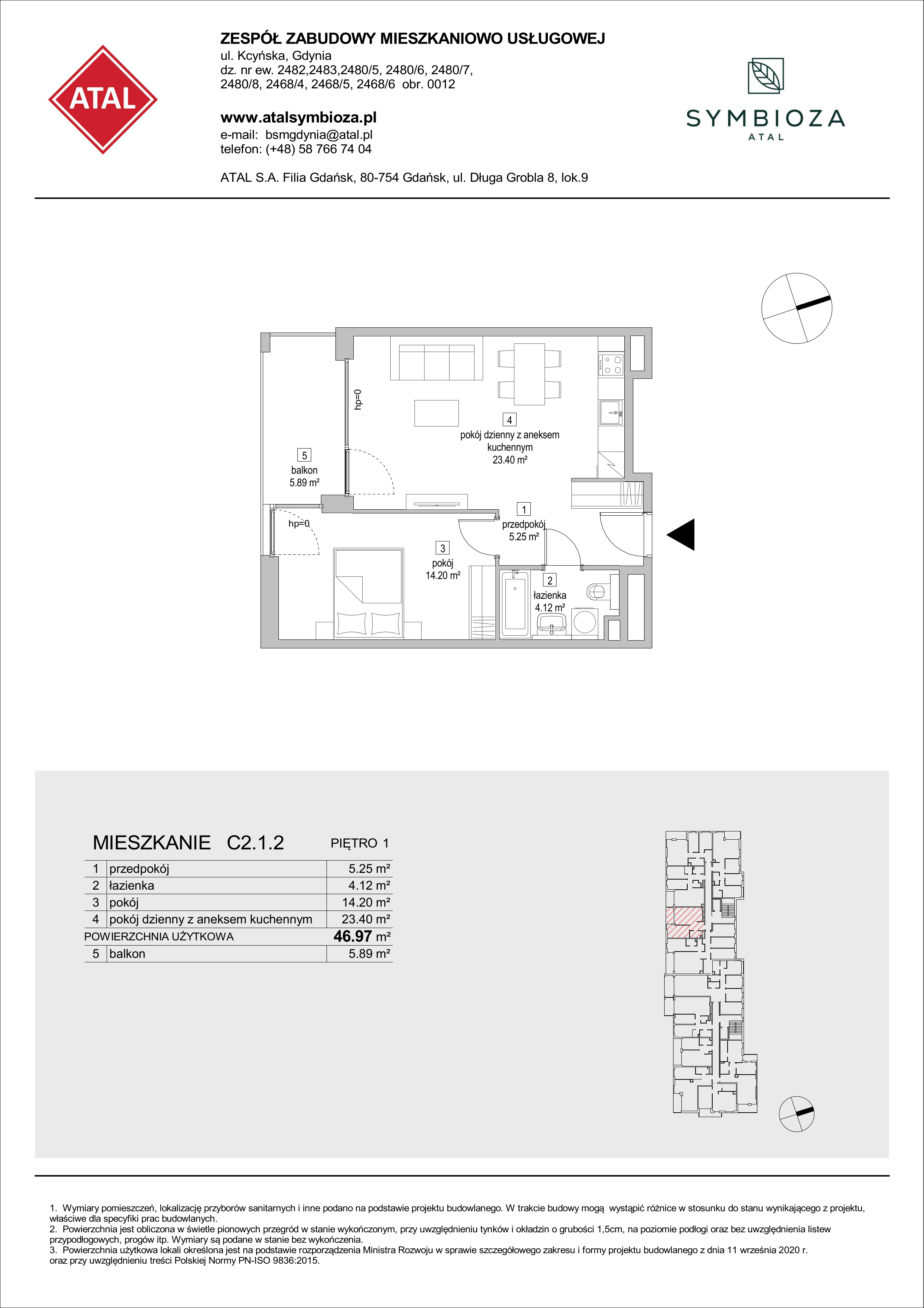 Mieszkanie 46,97 m², piętro 1, oferta nr C2.1.2, ATAL Symbioza, Gdynia, Cisowa, ul. Kcyńska-idx