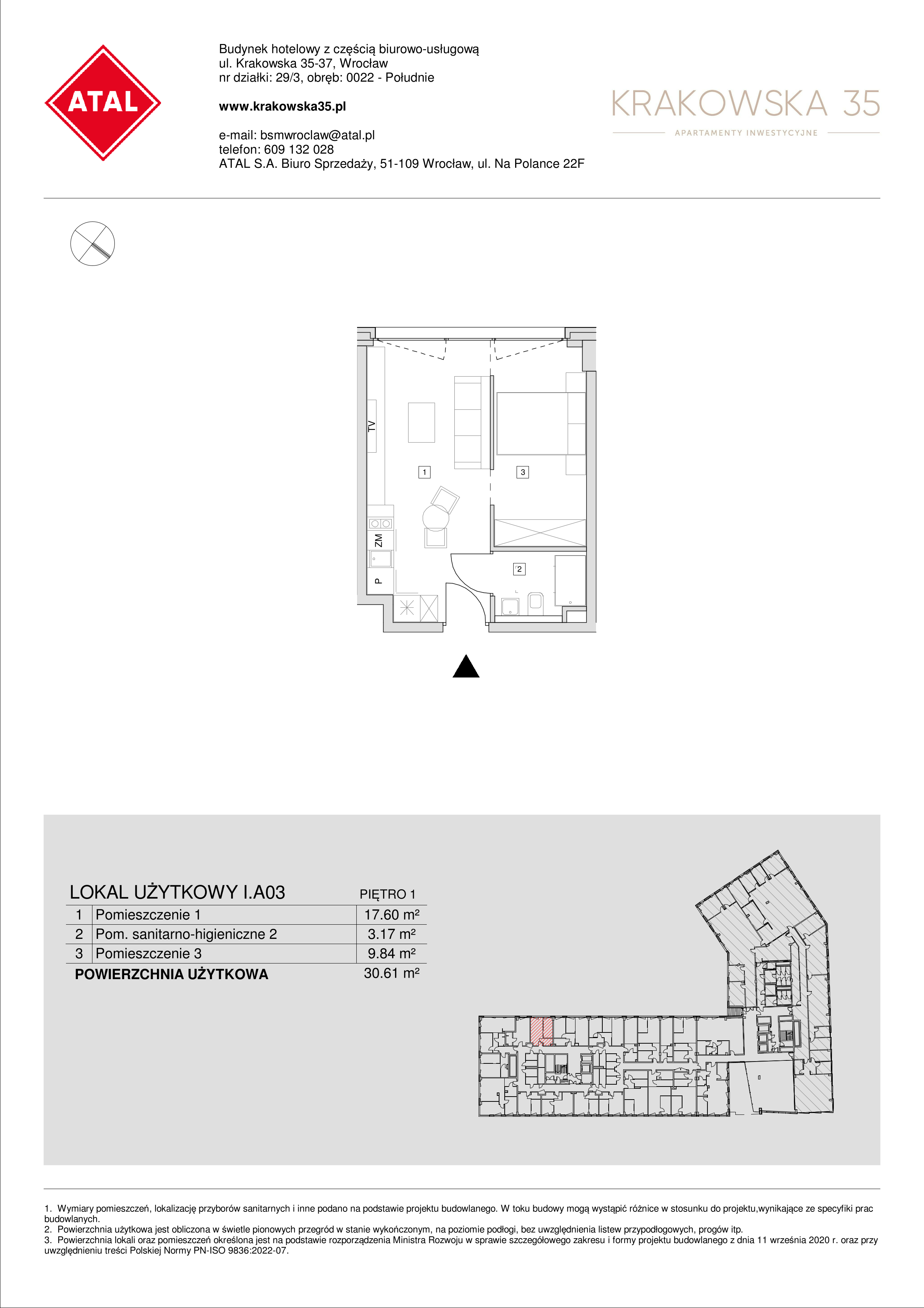 Mieszkanie 30,61 m², piętro 1, oferta nr I.A.03, Krakowska 35, Wrocław, Przedmieście Oławskie, Krzyki, ul. Krakowska-idx