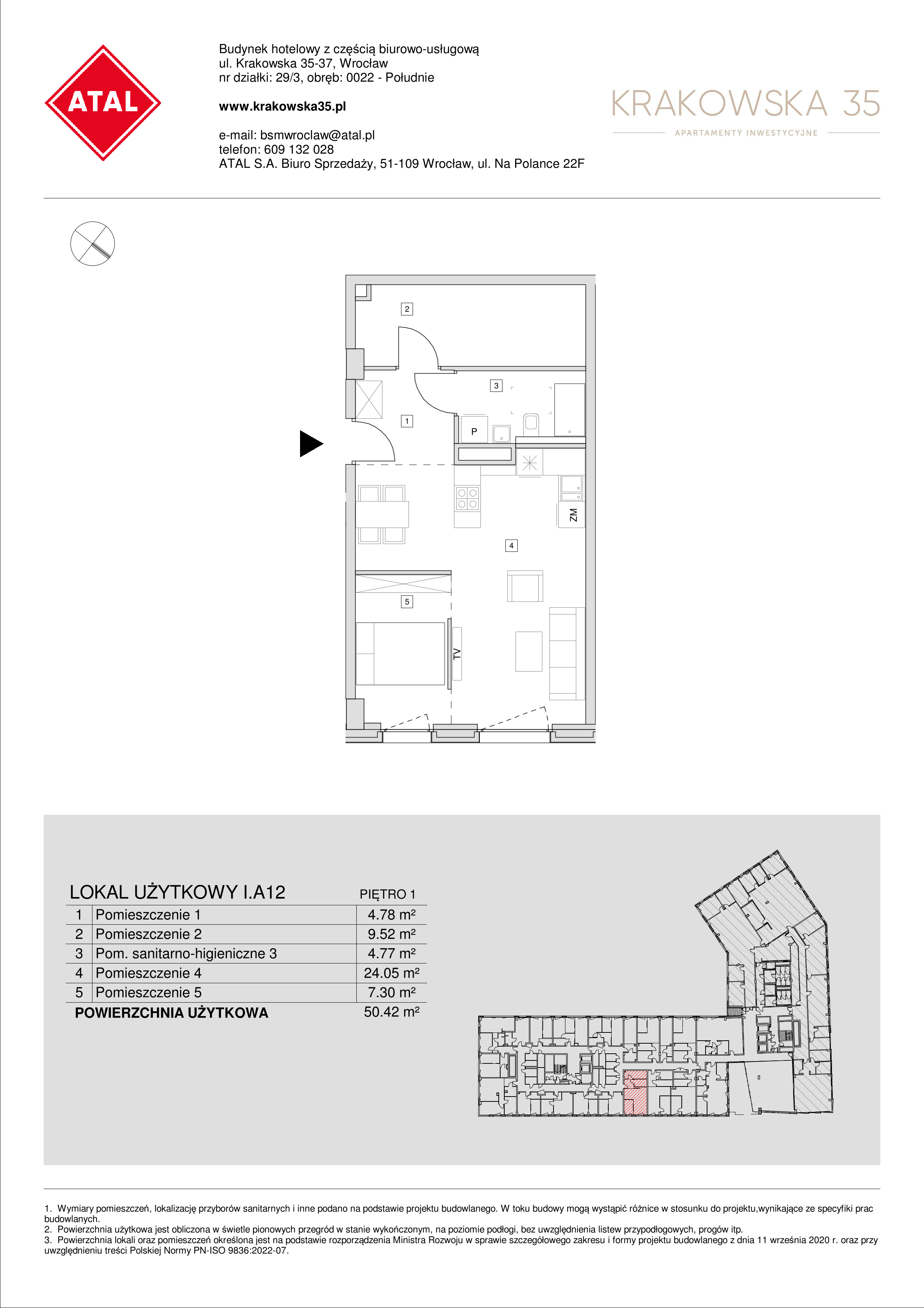 Mieszkanie 50,42 m², piętro 1, oferta nr I.A.12, Krakowska 35, Wrocław, Przedmieście Oławskie, Krzyki, ul. Krakowska-idx