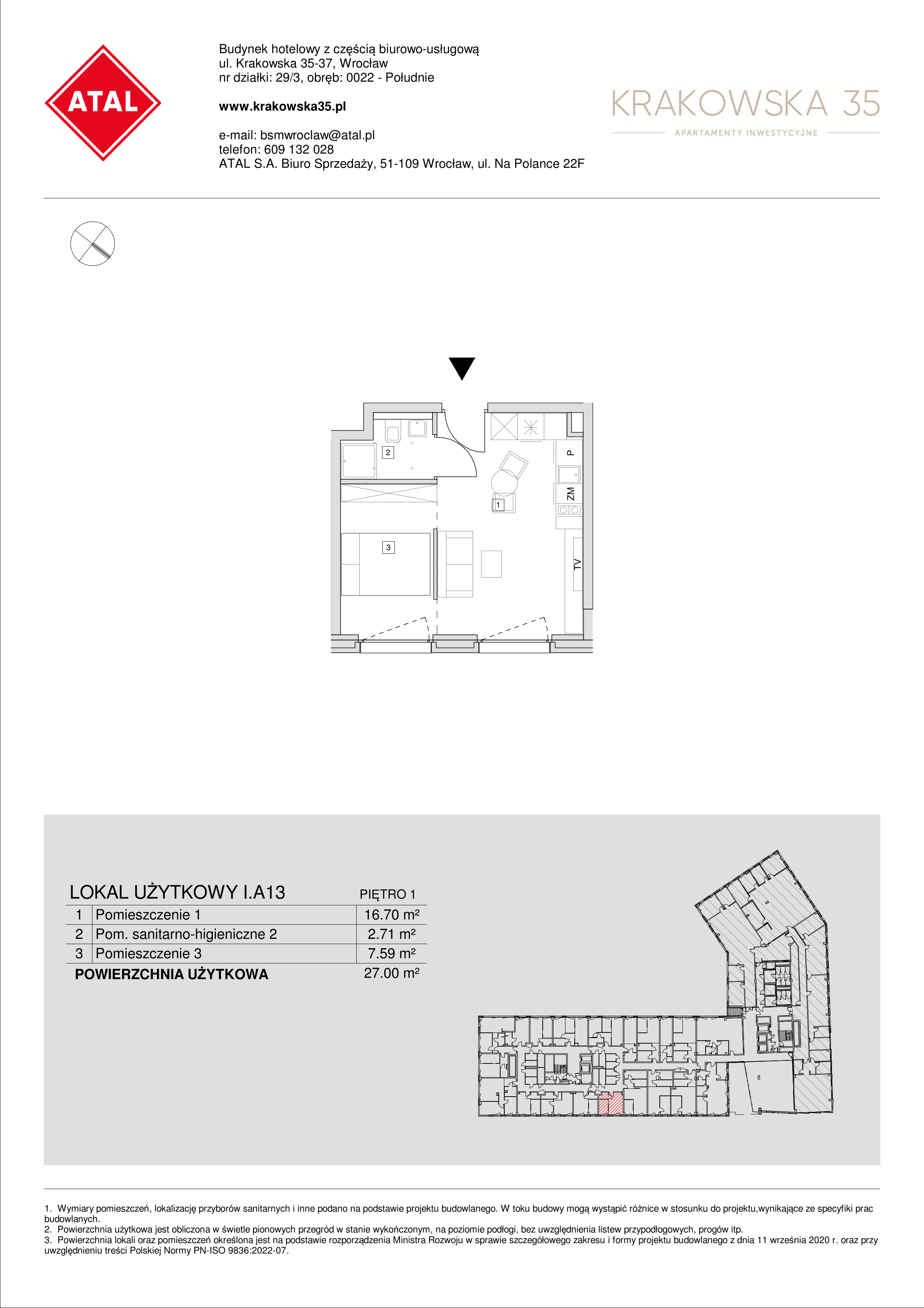 Mieszkanie 27,00 m², piętro 1, oferta nr I.A.13, Krakowska 35, Wrocław, Przedmieście Oławskie, Krzyki, ul. Krakowska-idx