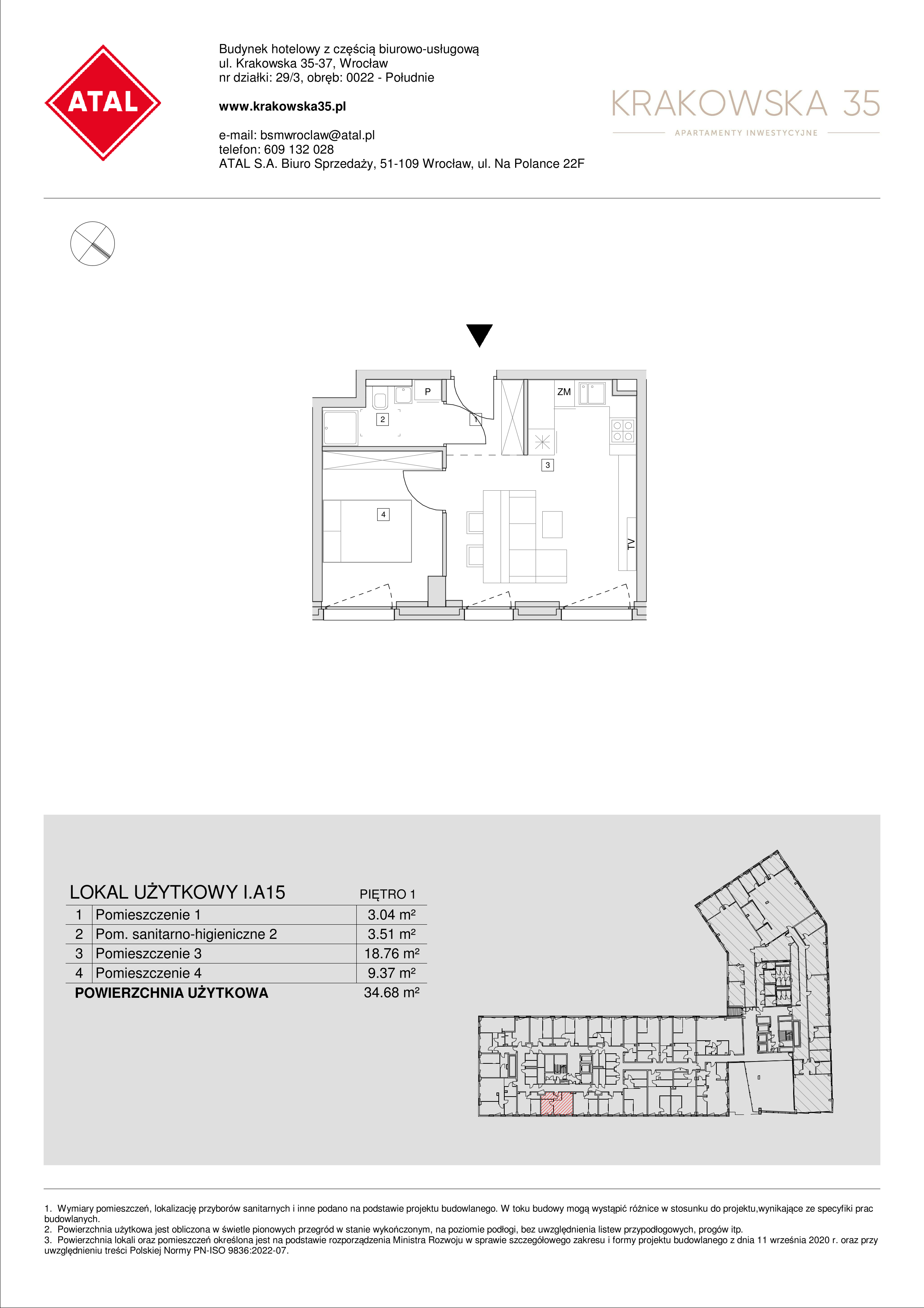 Mieszkanie 34,68 m², piętro 1, oferta nr I.A.15, Krakowska 35, Wrocław, Przedmieście Oławskie, Krzyki, ul. Krakowska-idx