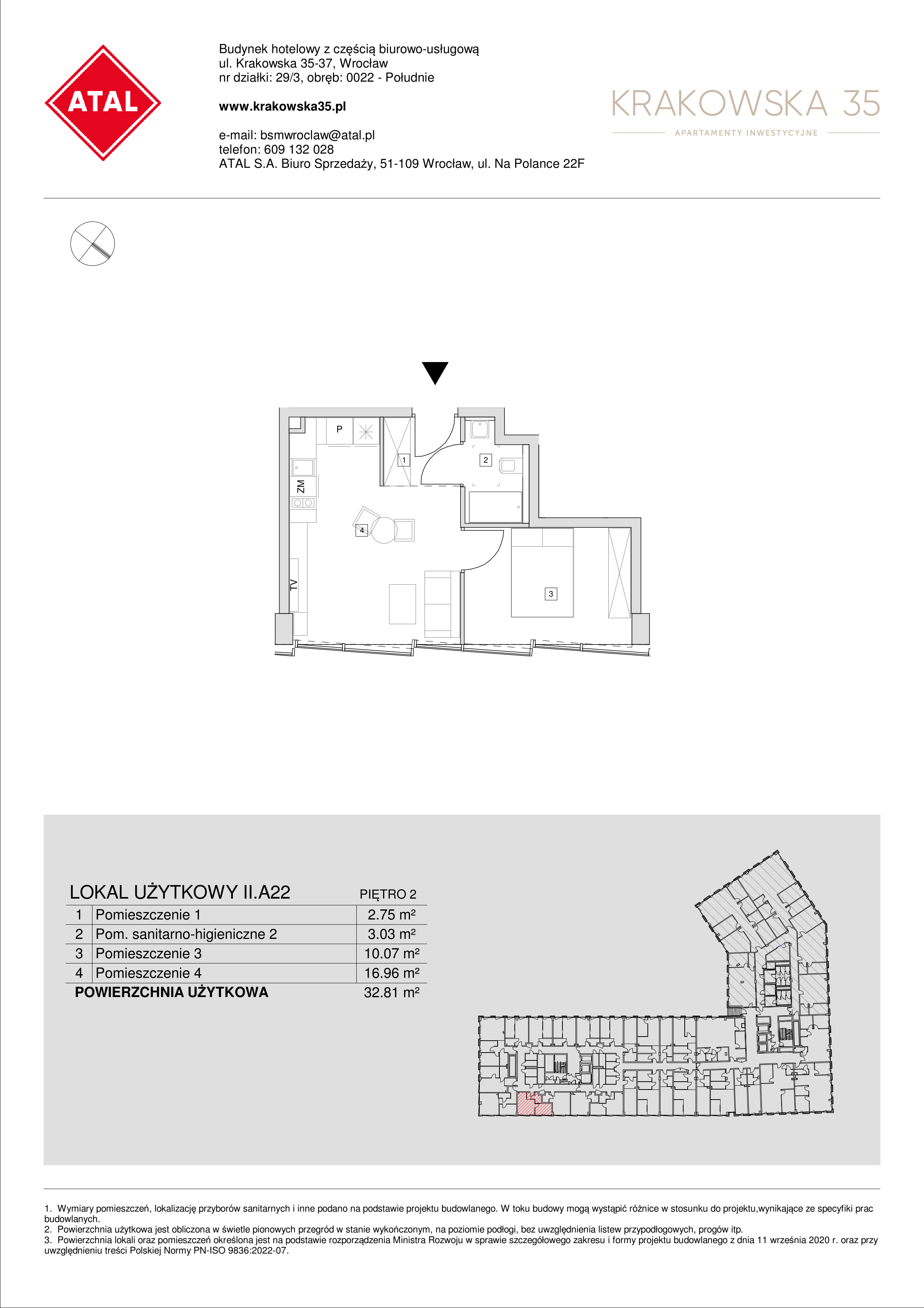 Mieszkanie 32,81 m², piętro 2, oferta nr II.A.22, Krakowska 35, Wrocław, Przedmieście Oławskie, Krzyki, ul. Krakowska-idx