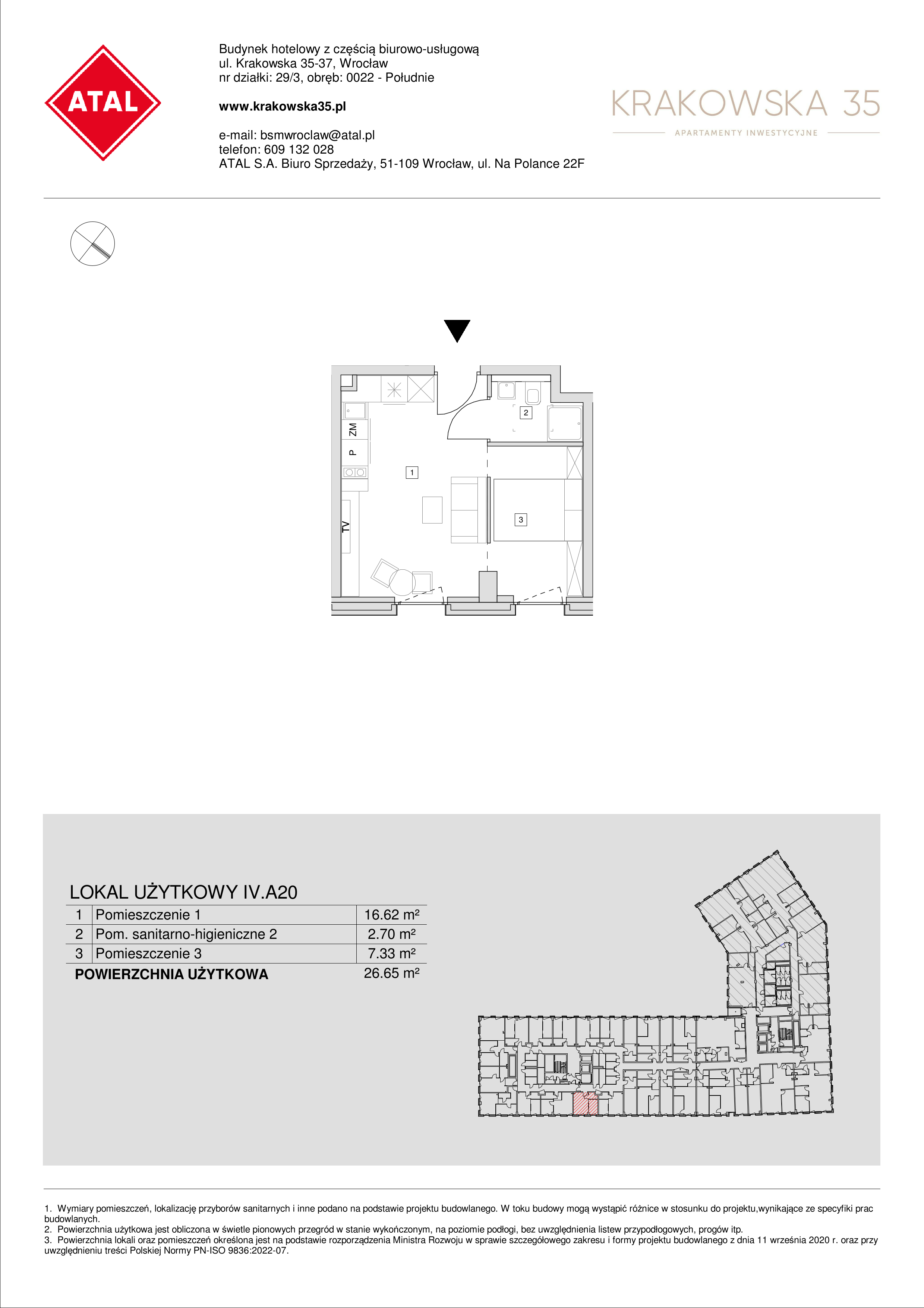 Mieszkanie 26,65 m², piętro 4, oferta nr IV.A.20, Krakowska 35, Wrocław, Przedmieście Oławskie, Krzyki, ul. Krakowska-idx