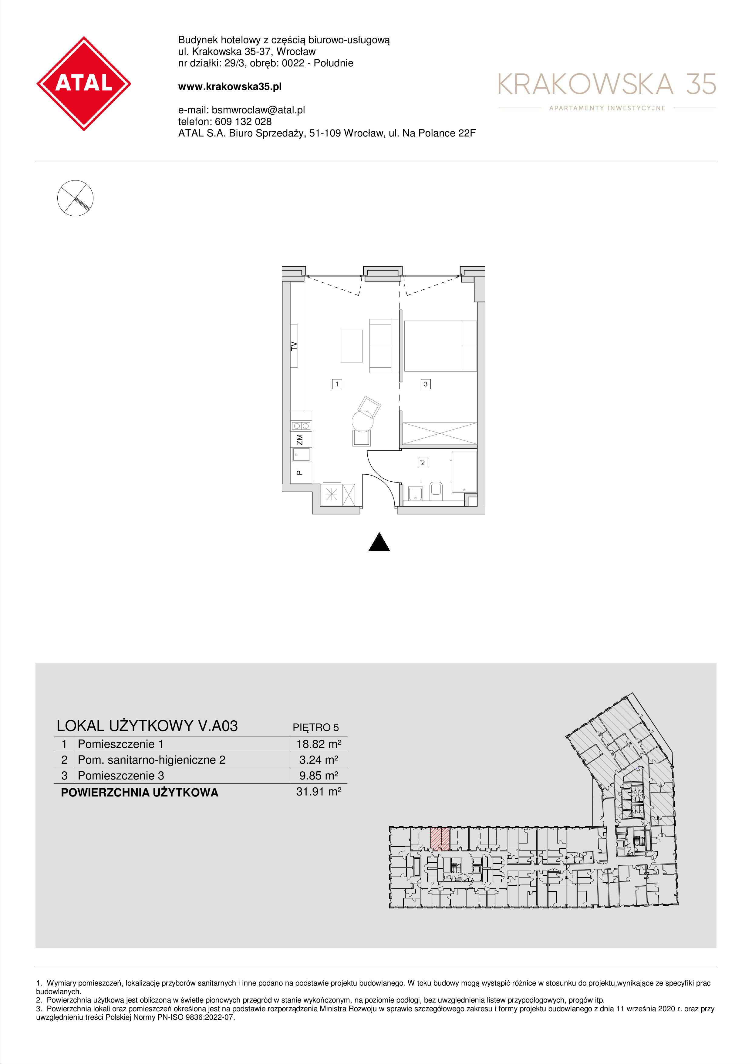 Mieszkanie 31,91 m², piętro 5, oferta nr V.A.03, Krakowska 35, Wrocław, Przedmieście Oławskie, Krzyki, ul. Krakowska-idx