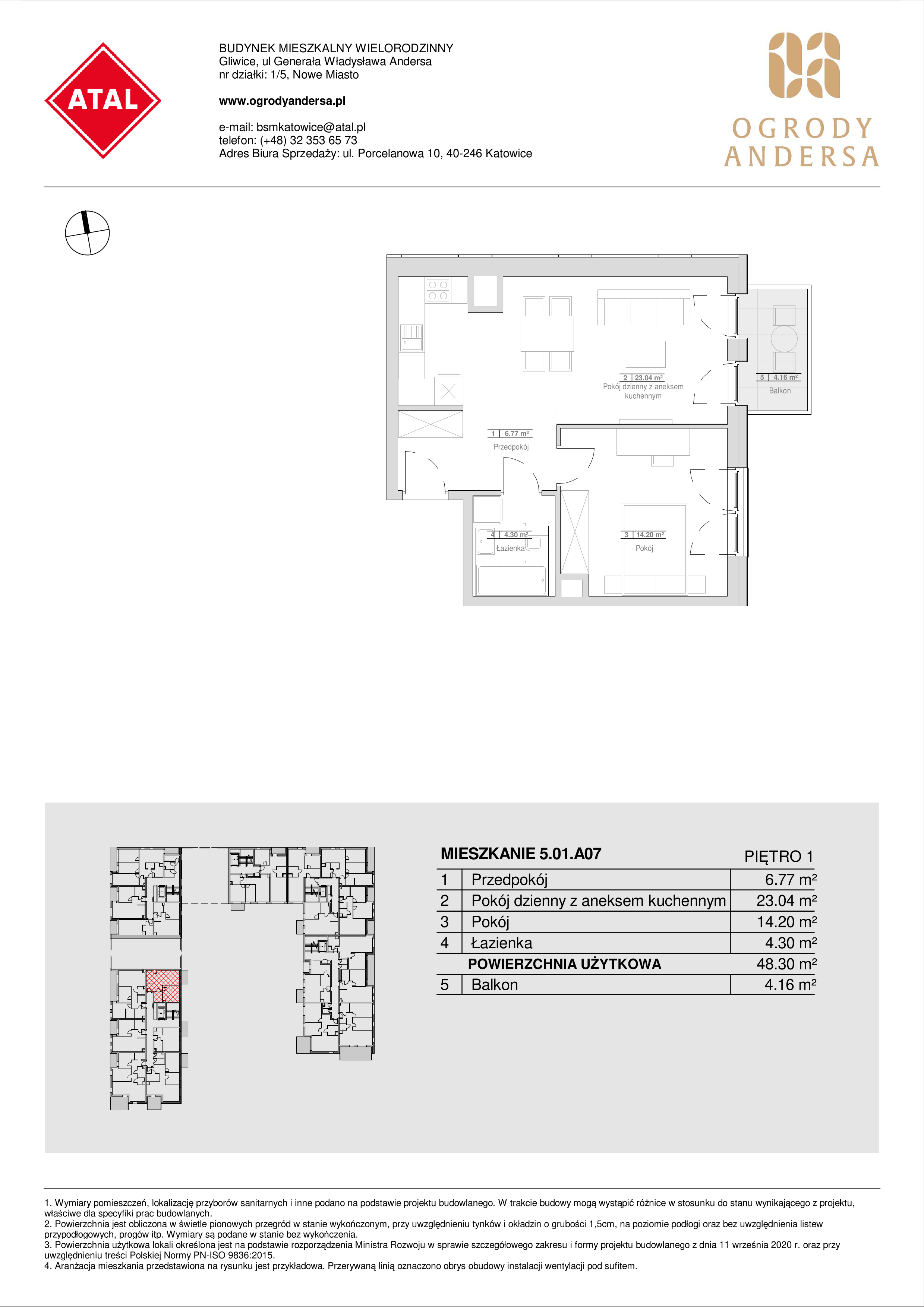 Mieszkanie 48,30 m², piętro 1, oferta nr 5.01.A07, Ogrody Andersa, Gliwice, Wojska Polskiego, ul. Leopolda Okulickiego-idx