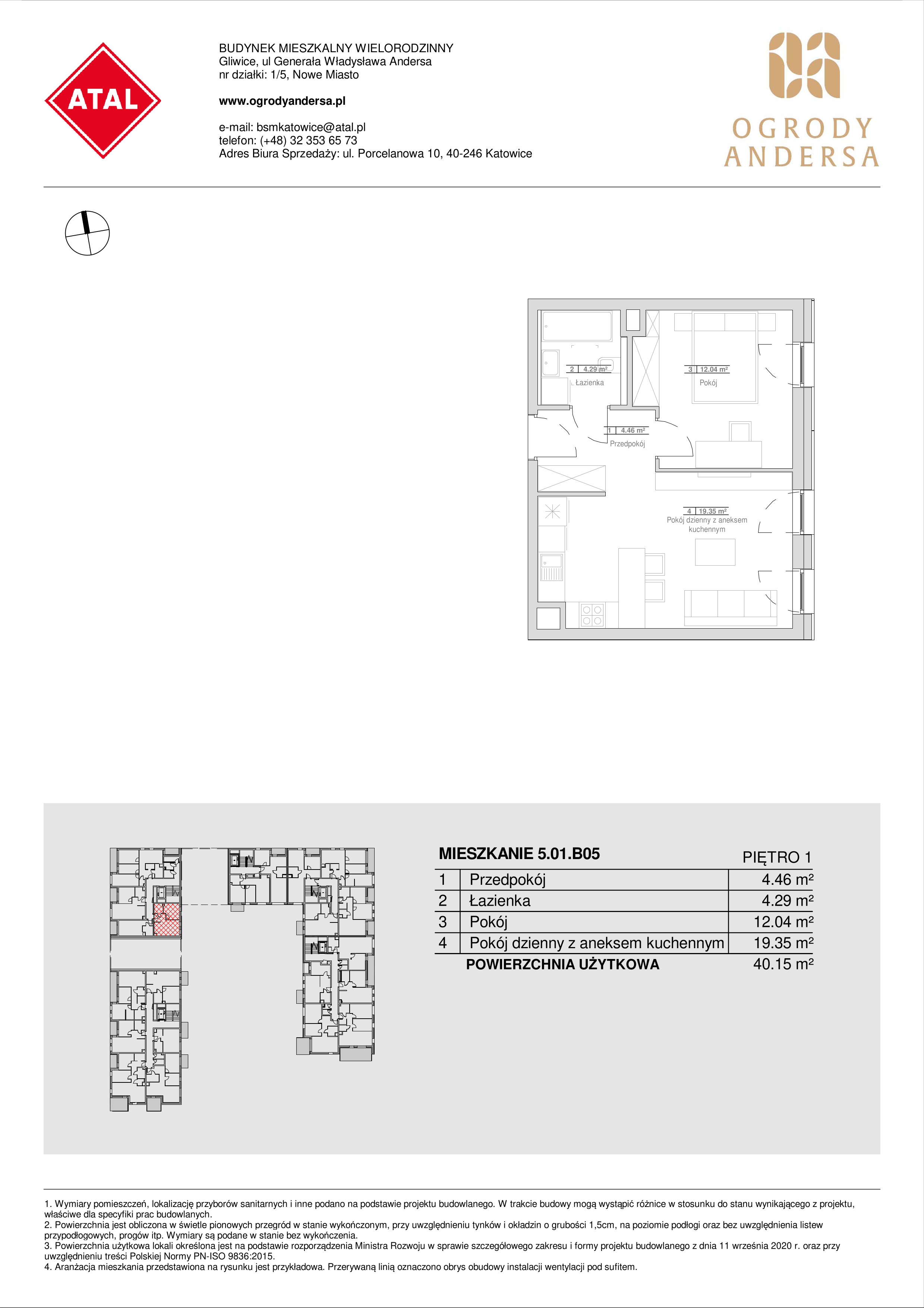 Mieszkanie 40,15 m², piętro 1, oferta nr 5.01.B05, Ogrody Andersa, Gliwice, Wojska Polskiego, ul. Leopolda Okulickiego-idx