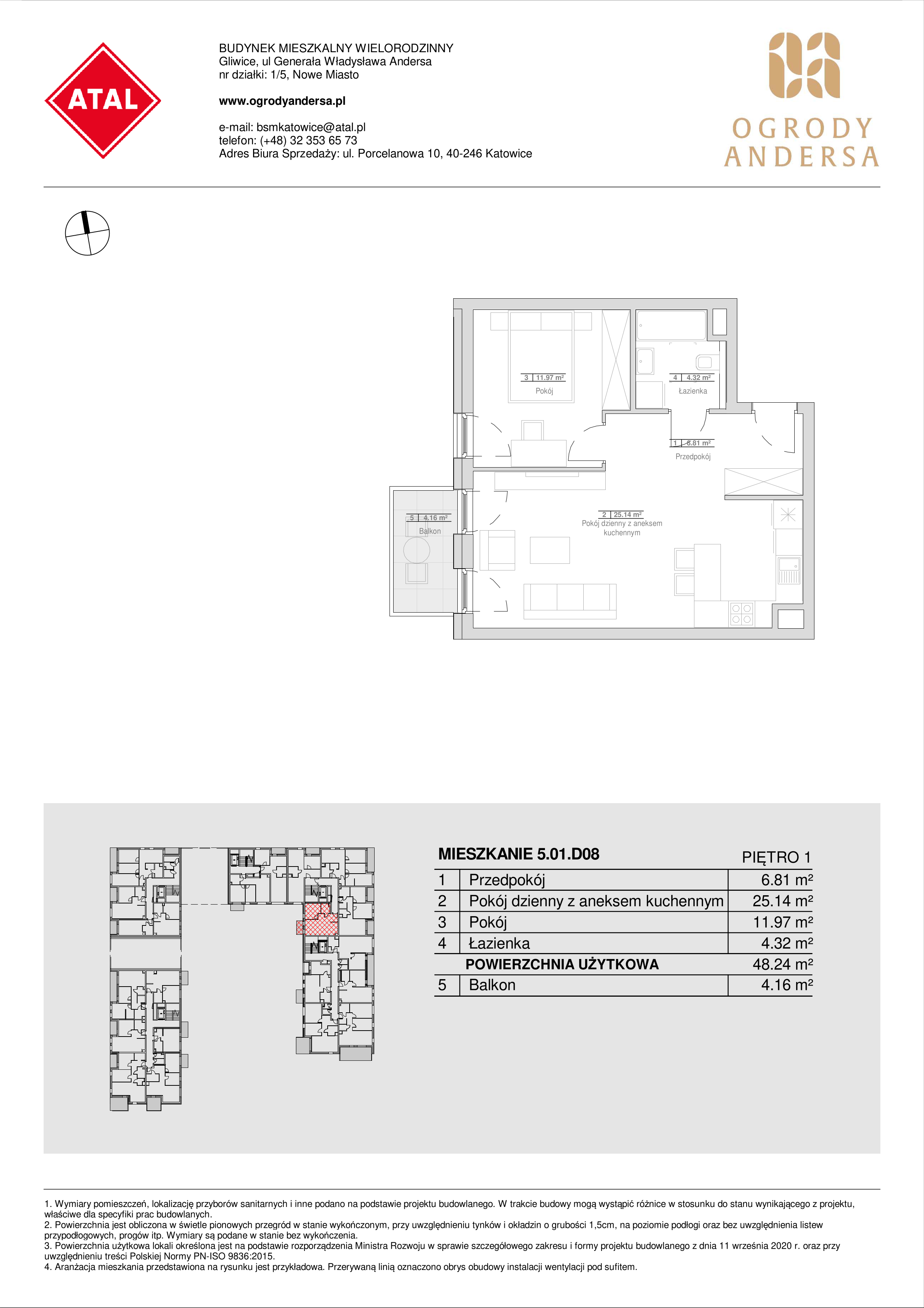 Mieszkanie 48,24 m², piętro 1, oferta nr 5.01.D08, Ogrody Andersa, Gliwice, Wojska Polskiego, ul. Leopolda Okulickiego-idx