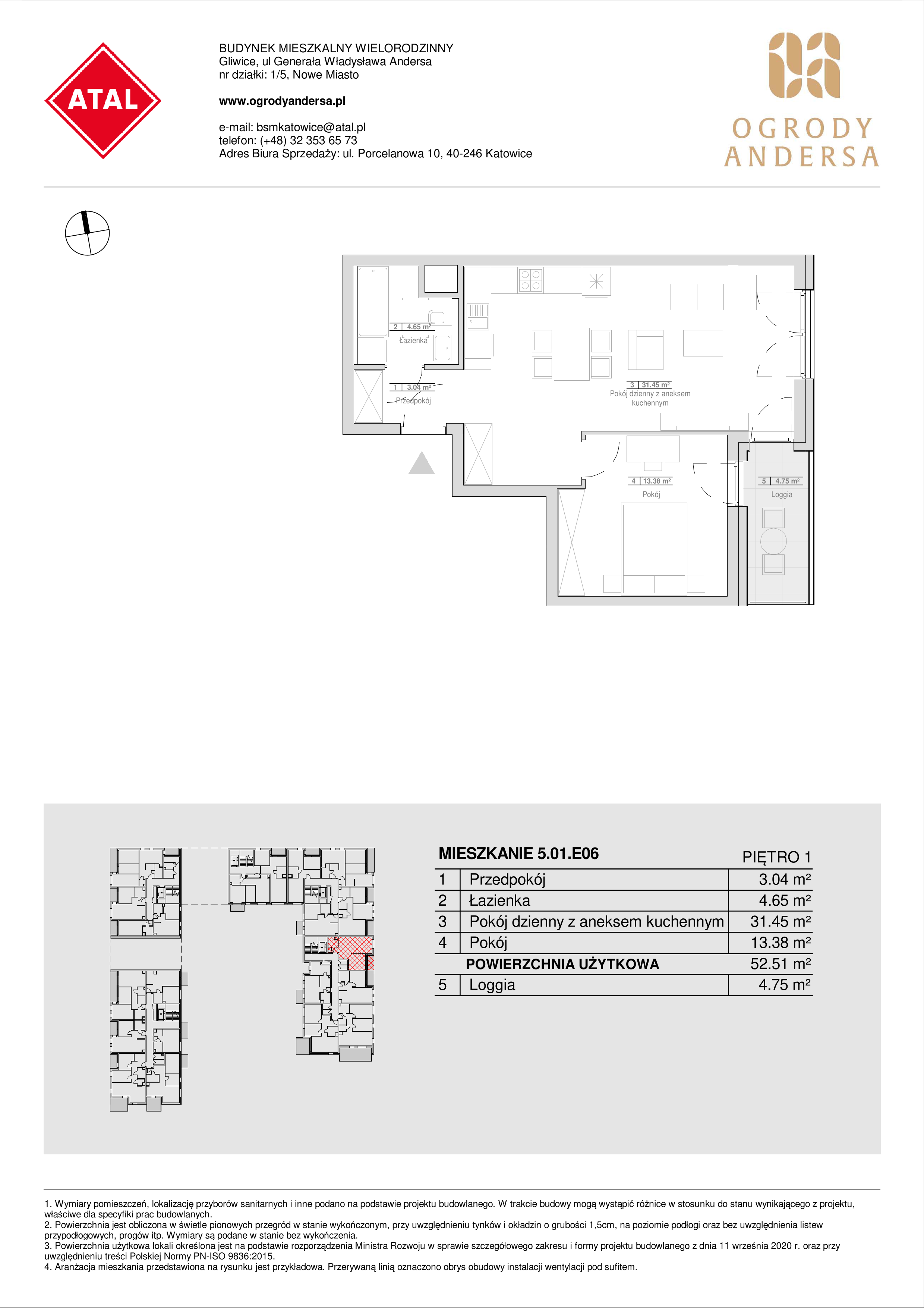 Mieszkanie 52,51 m², piętro 1, oferta nr 5.01.E06, Ogrody Andersa, Gliwice, Wojska Polskiego, ul. Leopolda Okulickiego-idx