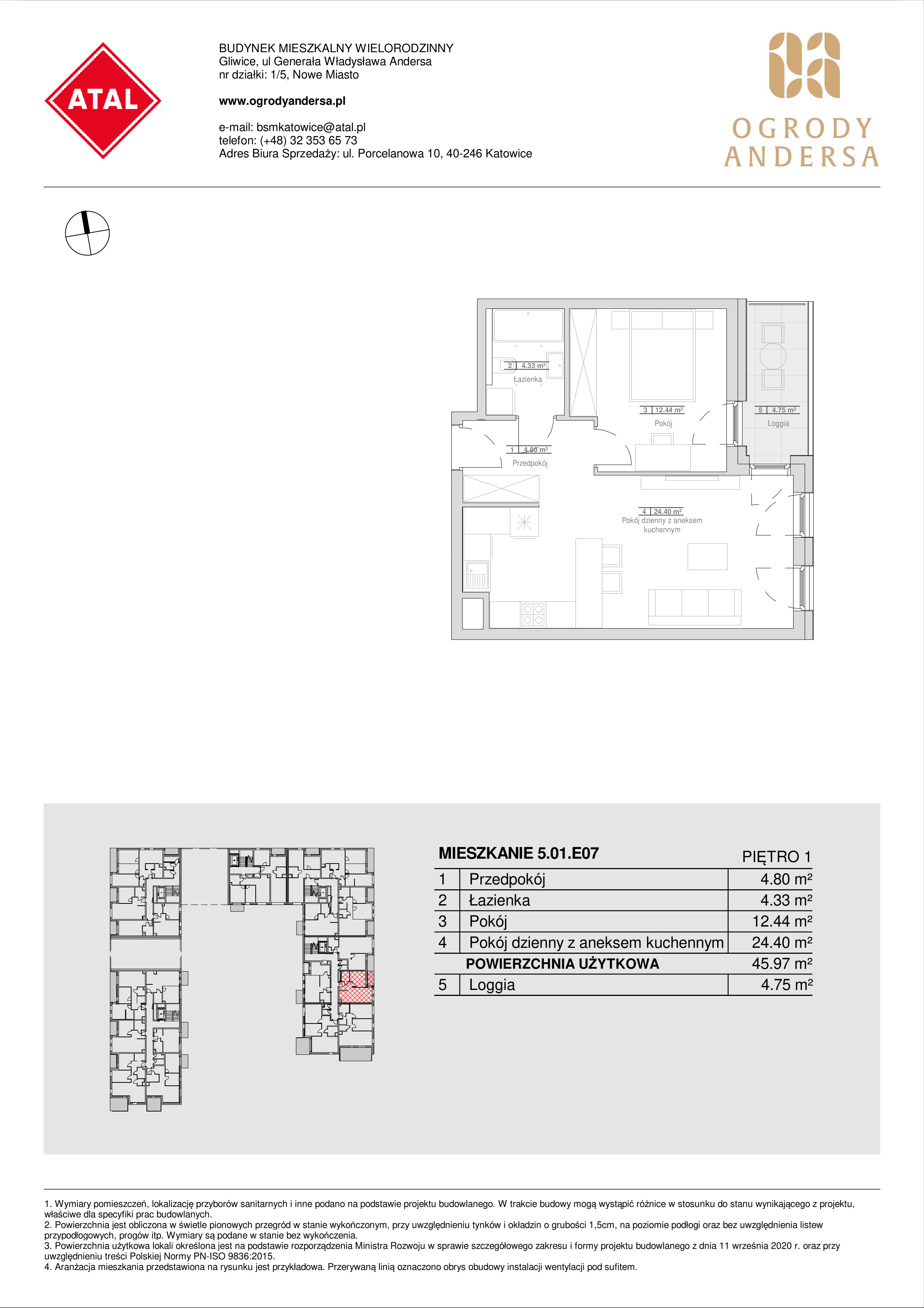 Mieszkanie 45,97 m², piętro 1, oferta nr 5.01.E07, Ogrody Andersa, Gliwice, Wojska Polskiego, ul. Leopolda Okulickiego-idx