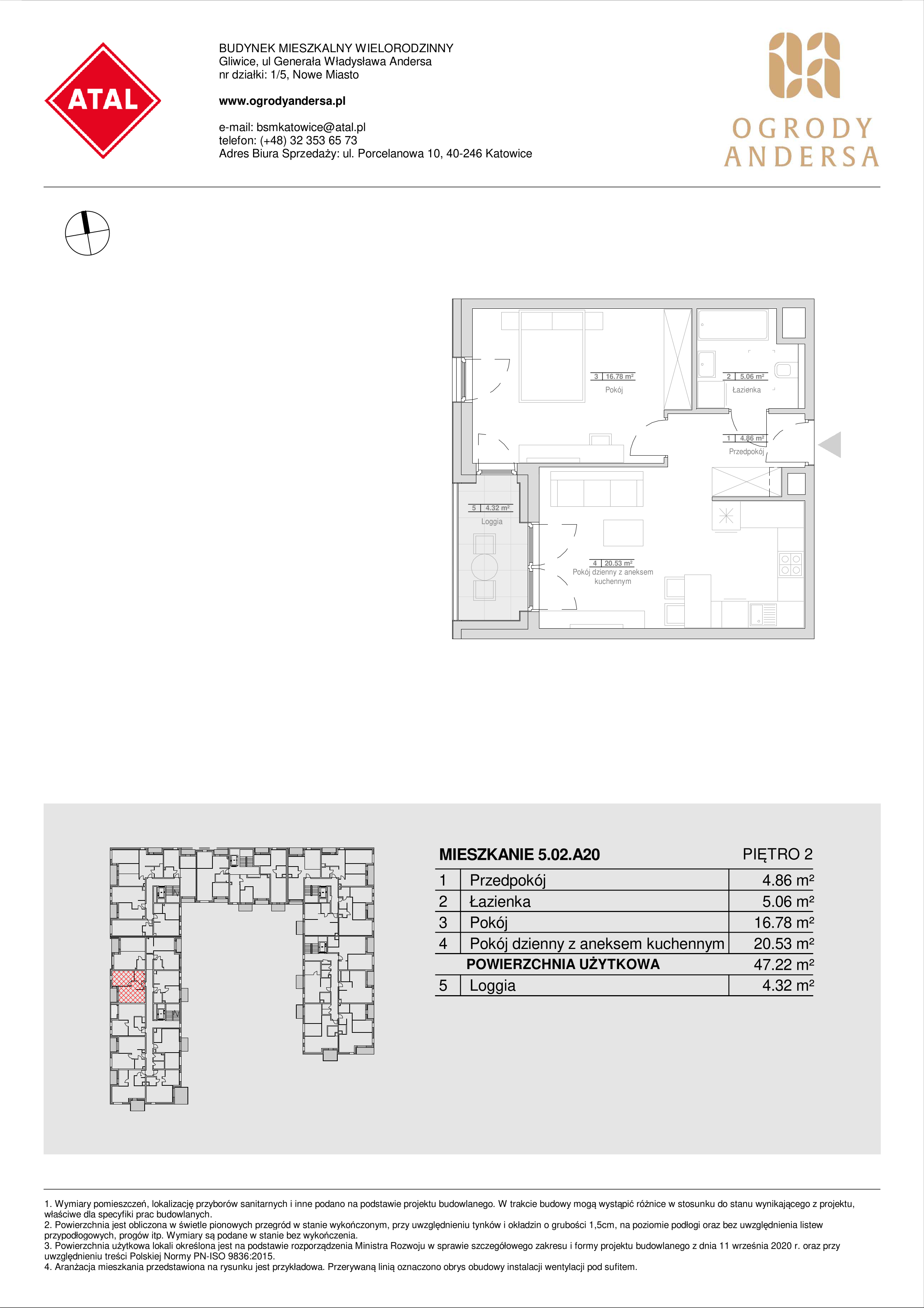 Mieszkanie 47,22 m², piętro 2, oferta nr 5.02.A20, Ogrody Andersa, Gliwice, Wojska Polskiego, ul. Leopolda Okulickiego-idx