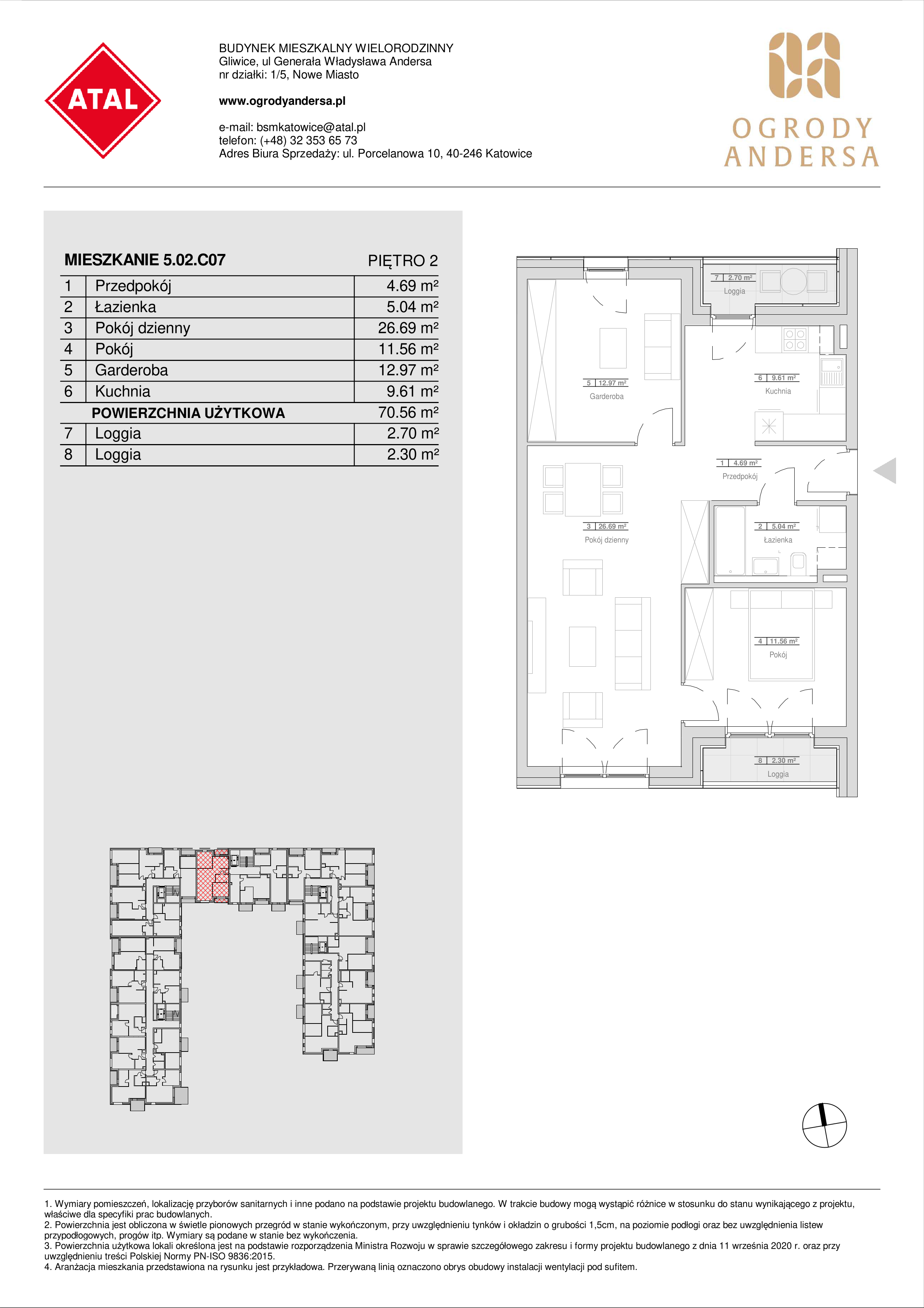 Mieszkanie 70,56 m², piętro 2, oferta nr 5.02.C07, Ogrody Andersa, Gliwice, Wojska Polskiego, ul. Leopolda Okulickiego-idx