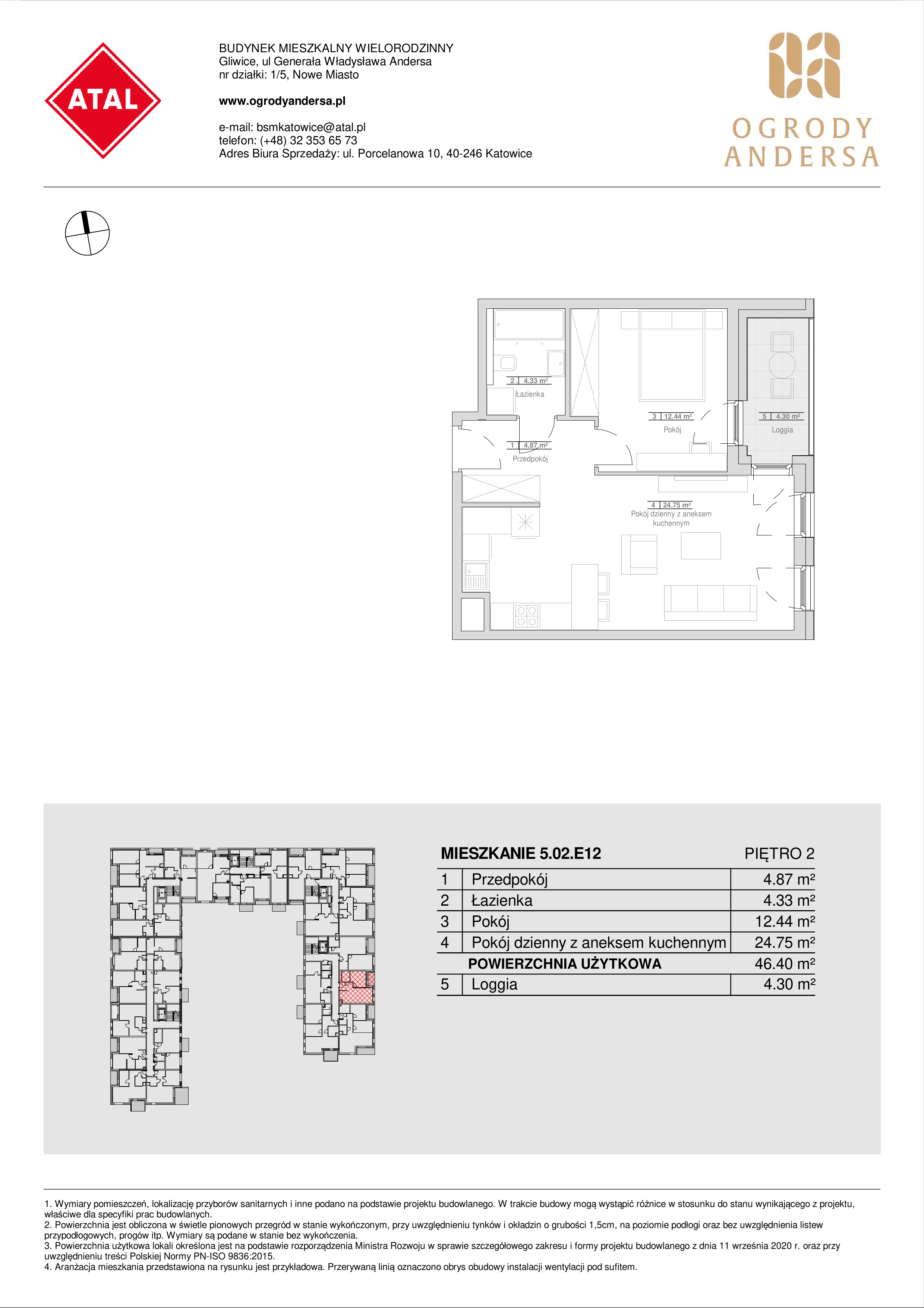 Mieszkanie 46,40 m², piętro 2, oferta nr 5.02.E12, Ogrody Andersa, Gliwice, Wojska Polskiego, ul. Leopolda Okulickiego-idx