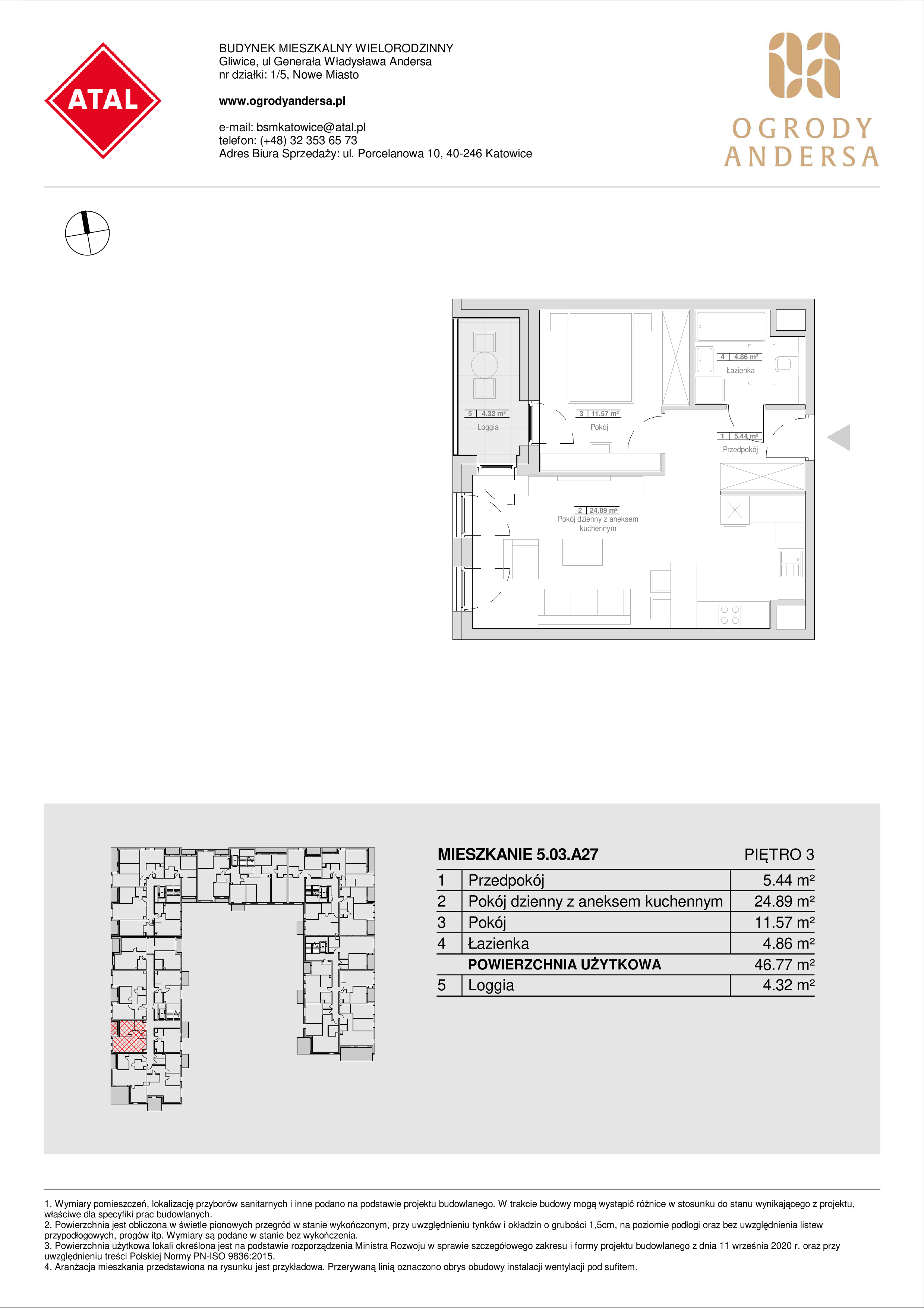 Mieszkanie 46,77 m², piętro 3, oferta nr 5.03.A27, Ogrody Andersa, Gliwice, Wojska Polskiego, ul. Leopolda Okulickiego-idx