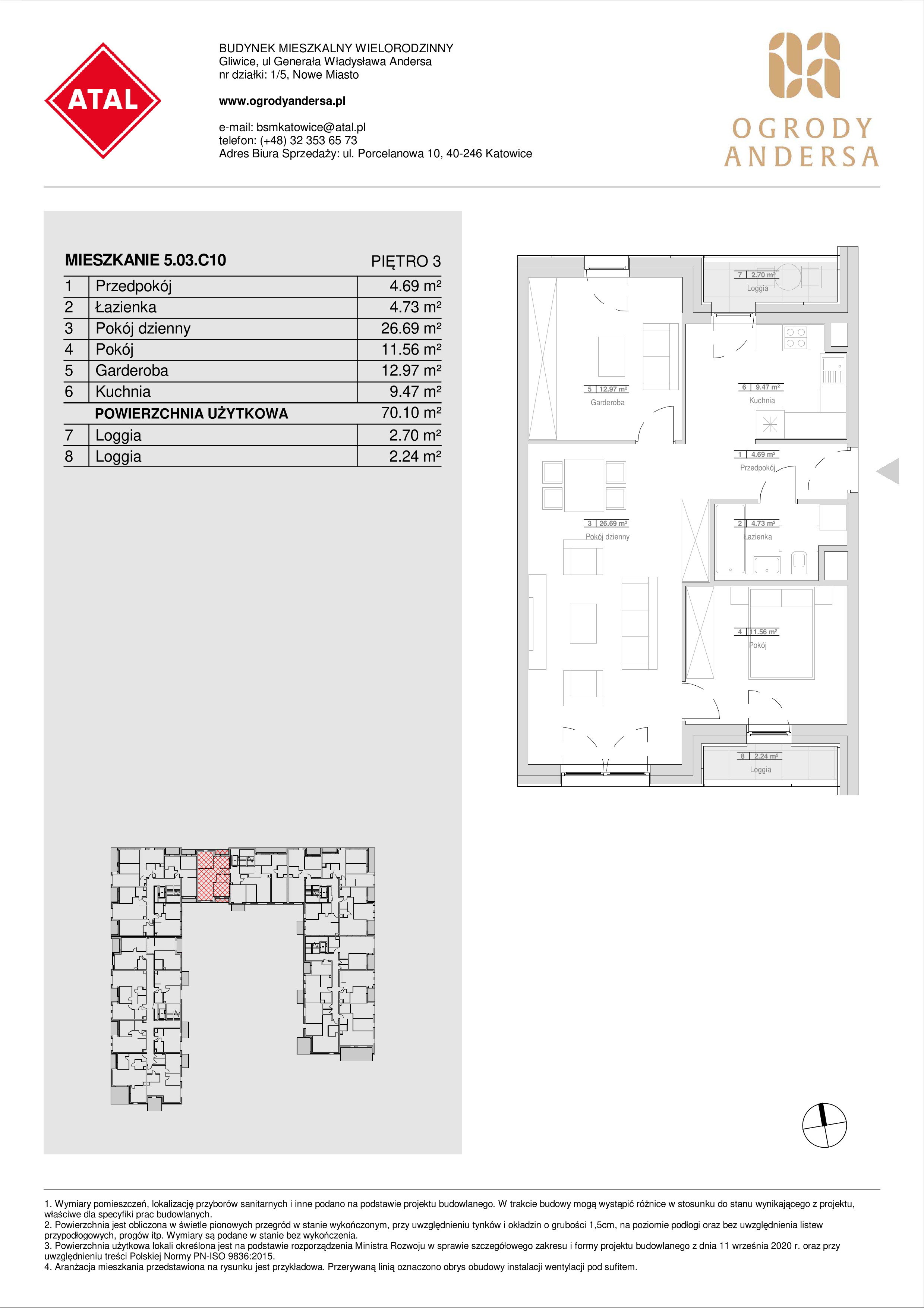 Mieszkanie 70,10 m², piętro 3, oferta nr 5.03.C10, Ogrody Andersa, Gliwice, Wojska Polskiego, ul. Leopolda Okulickiego-idx