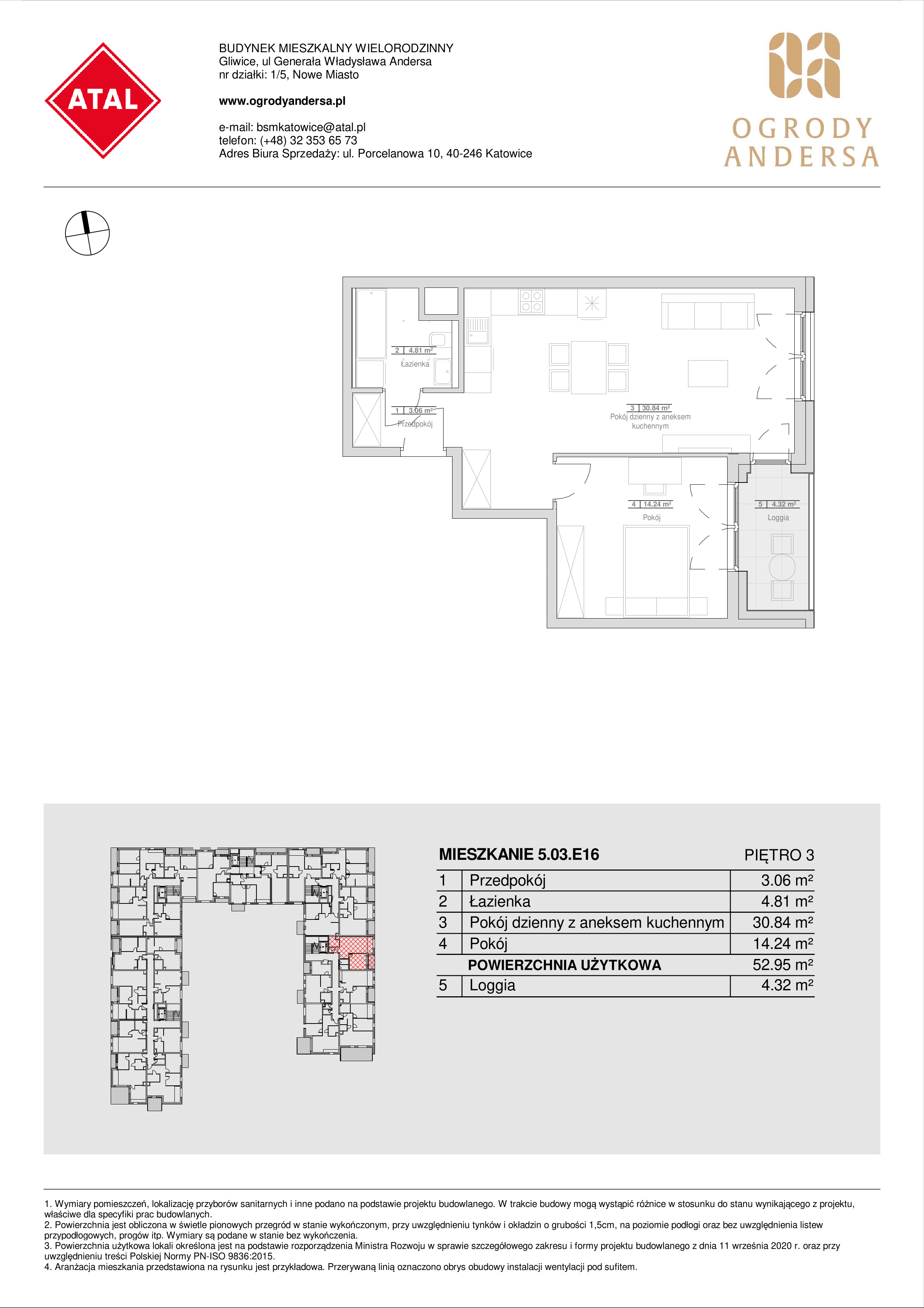 Mieszkanie 52,95 m², piętro 3, oferta nr 5.03.E16, Ogrody Andersa, Gliwice, Wojska Polskiego, ul. Leopolda Okulickiego-idx