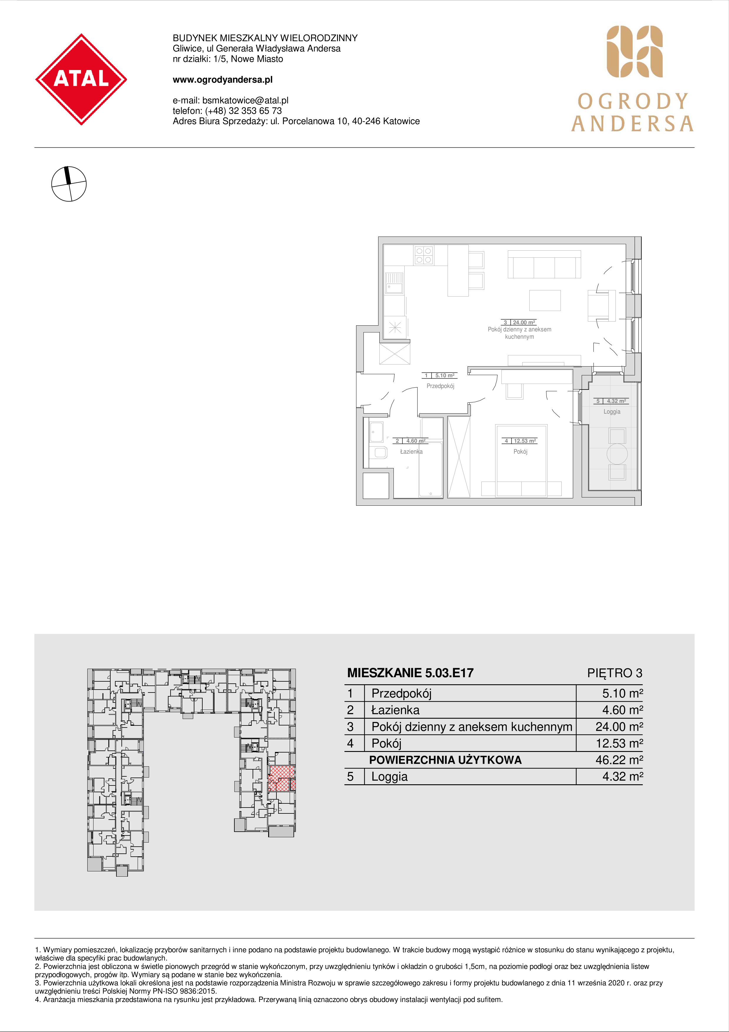 Mieszkanie 46,22 m², piętro 3, oferta nr 5.03.E17, Ogrody Andersa, Gliwice, Wojska Polskiego, ul. Leopolda Okulickiego-idx