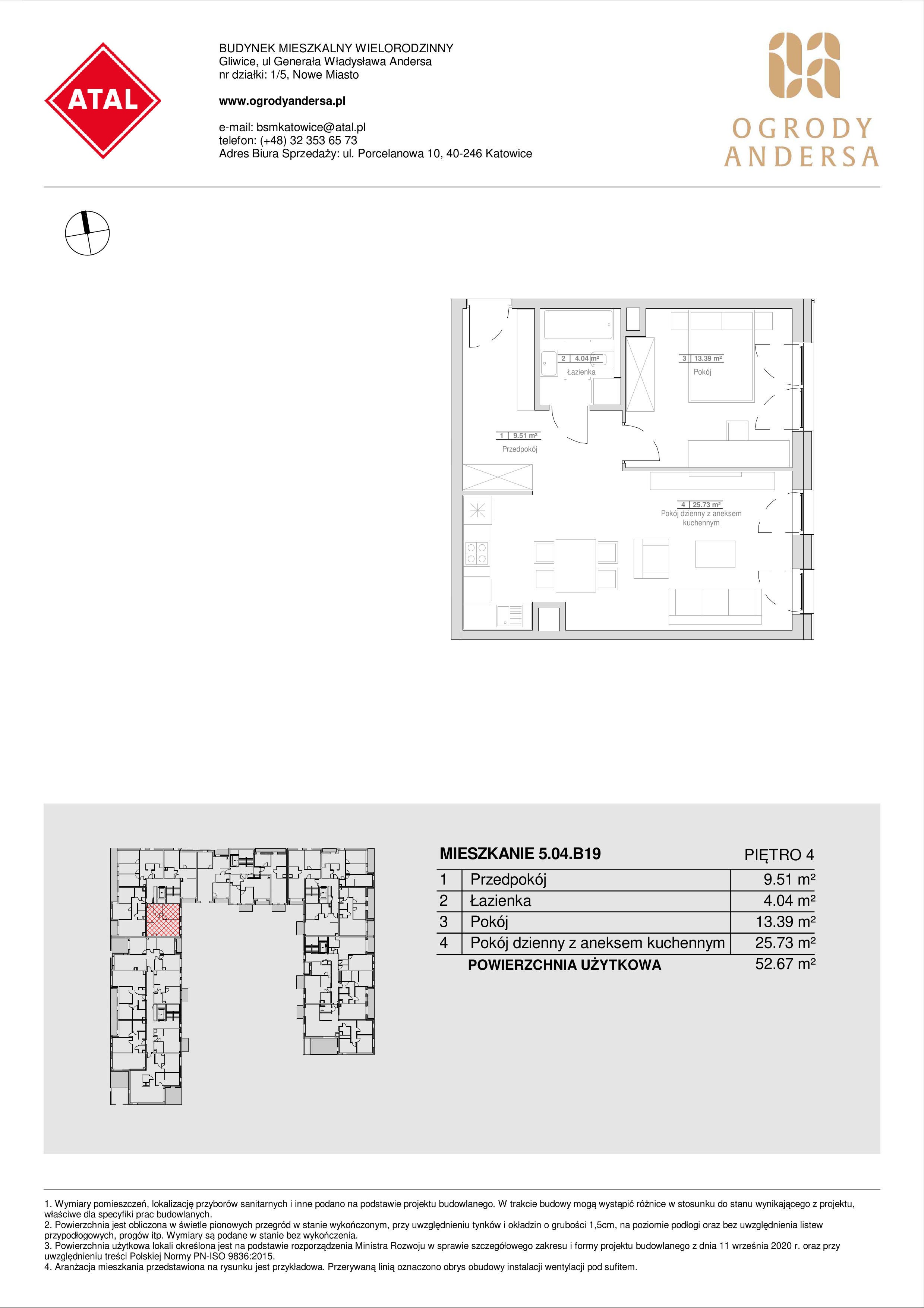 Mieszkanie 52,67 m², piętro 4, oferta nr 5.04.B19, Ogrody Andersa, Gliwice, Wojska Polskiego, ul. Leopolda Okulickiego-idx