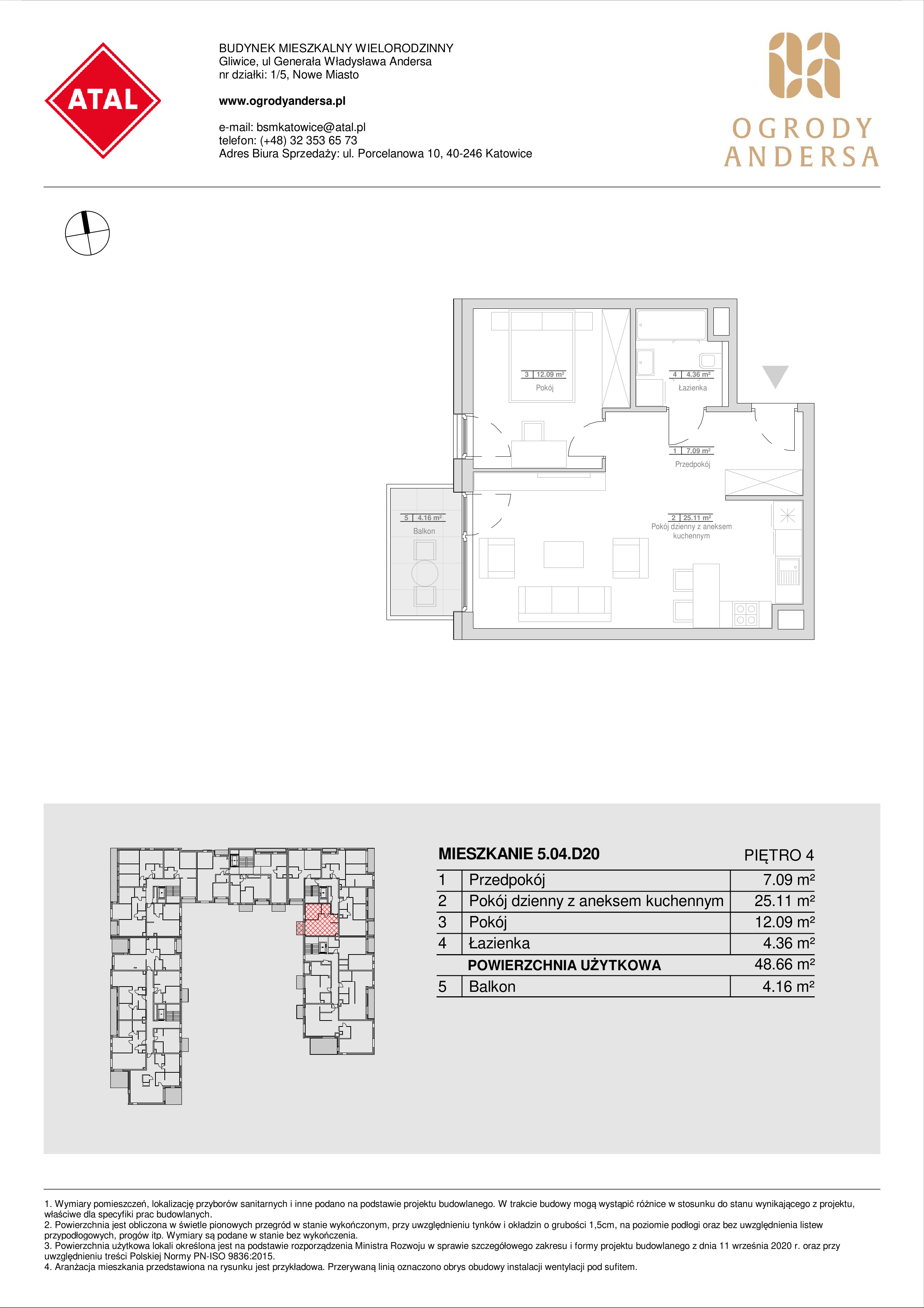 Mieszkanie 48,66 m², piętro 4, oferta nr 5.04.D20, Ogrody Andersa, Gliwice, Wojska Polskiego, ul. Leopolda Okulickiego-idx