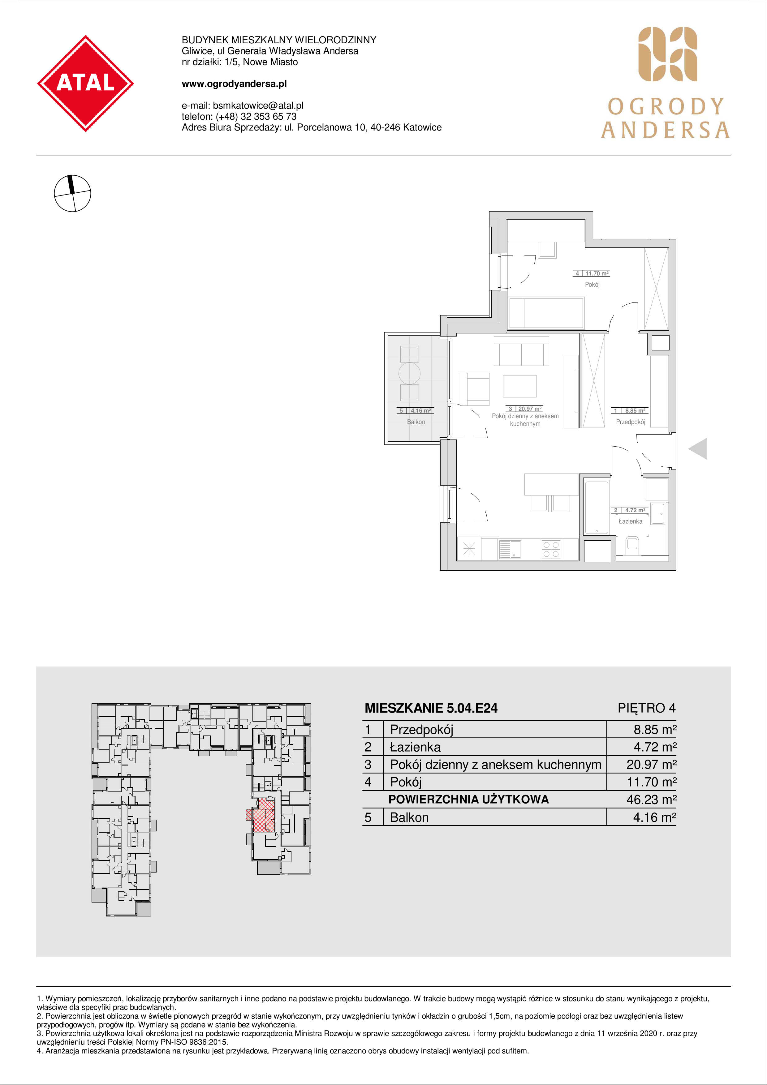 Mieszkanie 46,23 m², piętro 4, oferta nr 5.04.E24, Ogrody Andersa, Gliwice, Wojska Polskiego, ul. Leopolda Okulickiego-idx