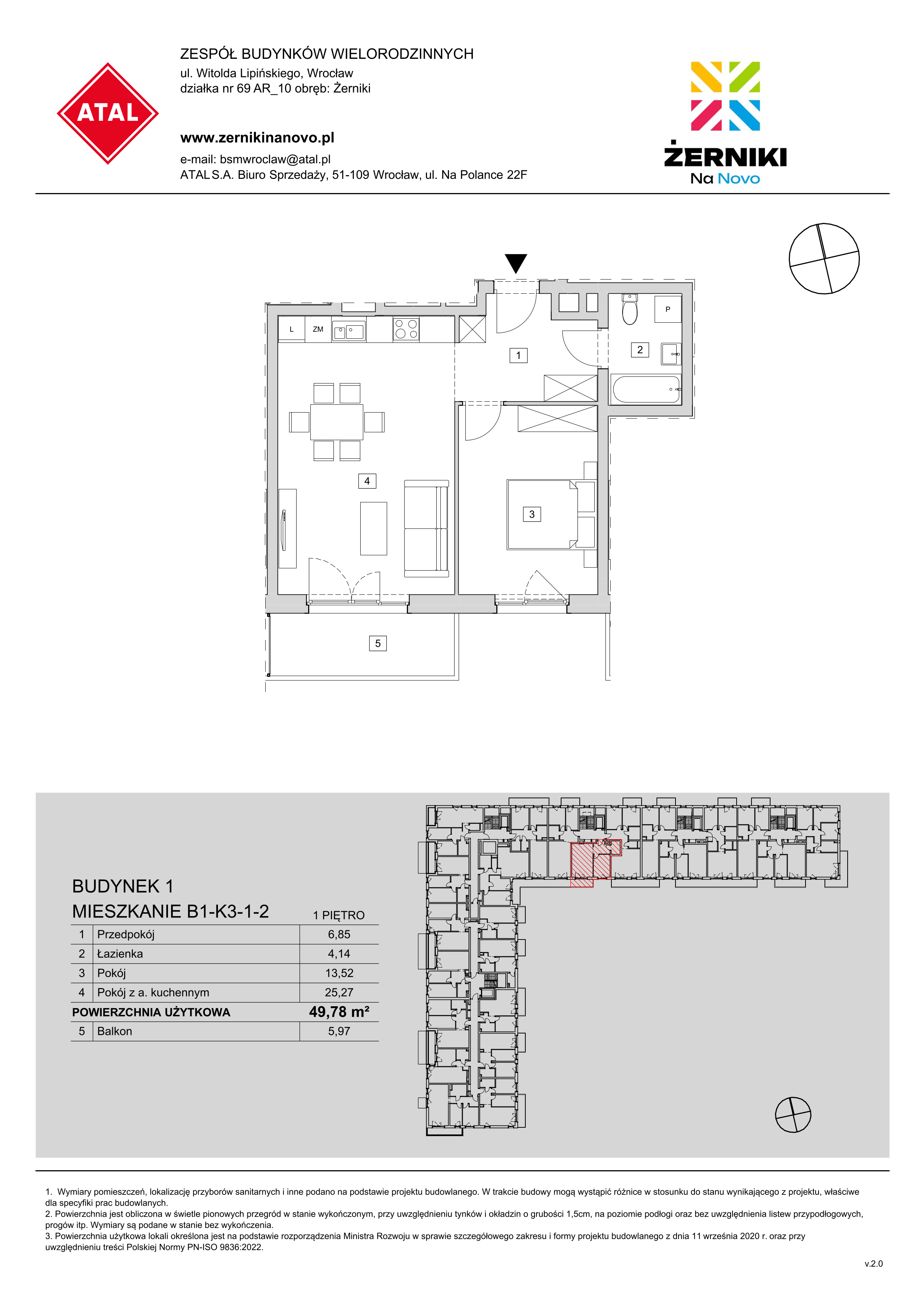 Mieszkanie 49,78 m², piętro 1, oferta nr B1-K3-1-2, Żerniki Na Novo, Wrocław, Żerniki, ul. Maxa Berga-idx