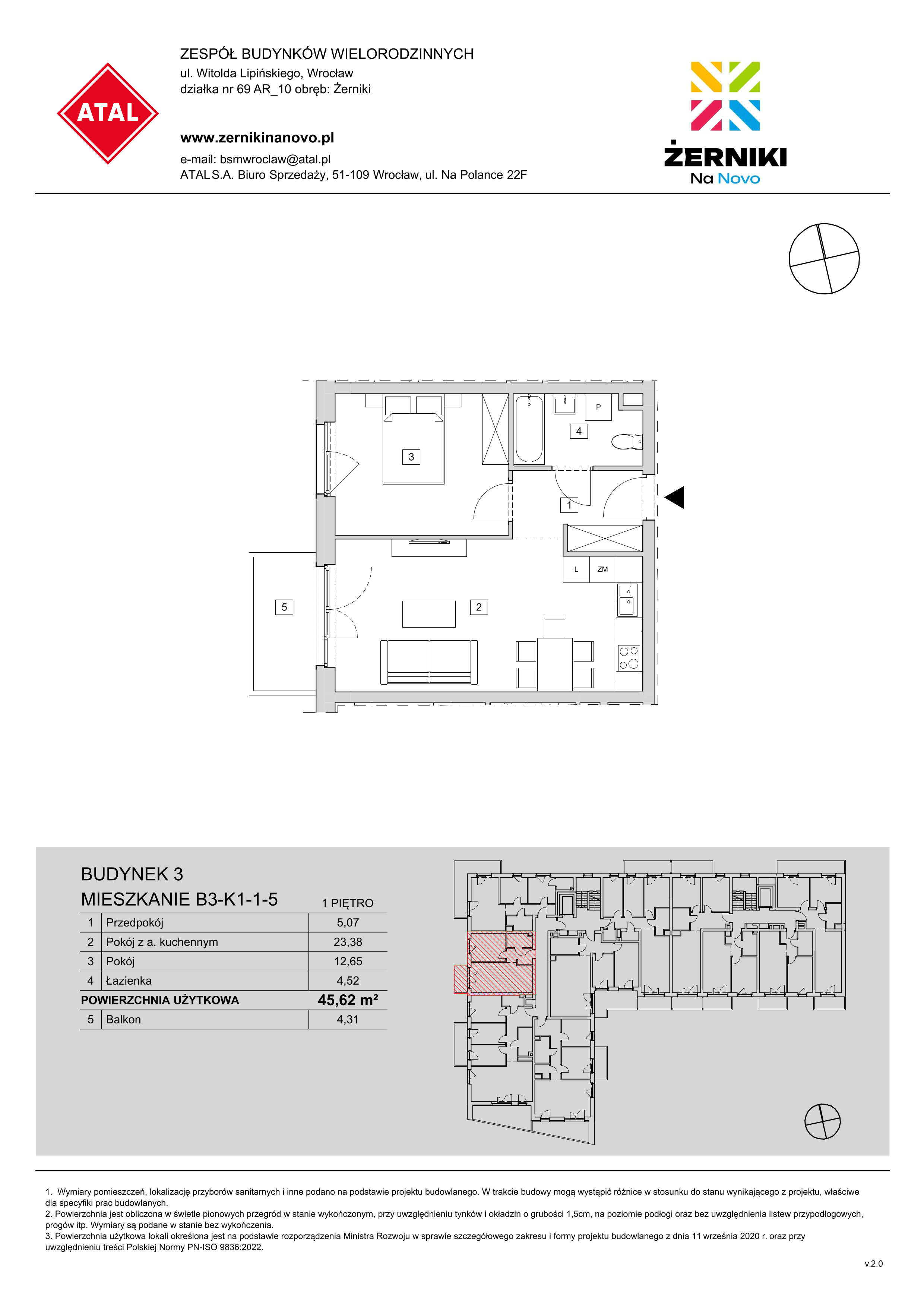 Mieszkanie 45,62 m², piętro 1, oferta nr B3-K1-1-5, Żerniki Na Novo, Wrocław, Żerniki, ul. Maxa Berga-idx