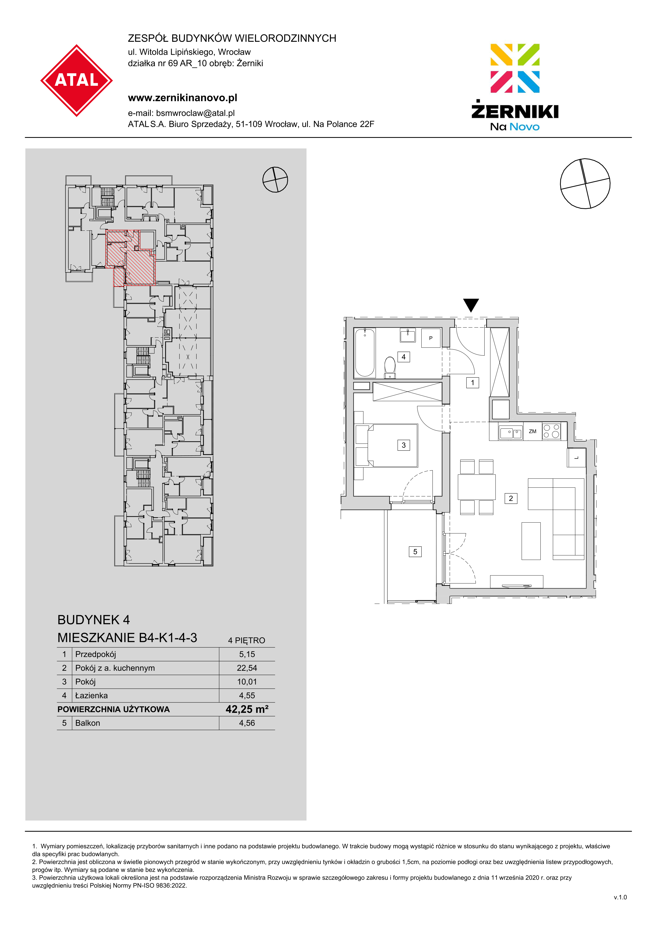 Mieszkanie 42,25 m², piętro 4, oferta nr B4-K1-4-3, Żerniki Na Novo, Wrocław, Żerniki, ul. Maxa Berga-idx