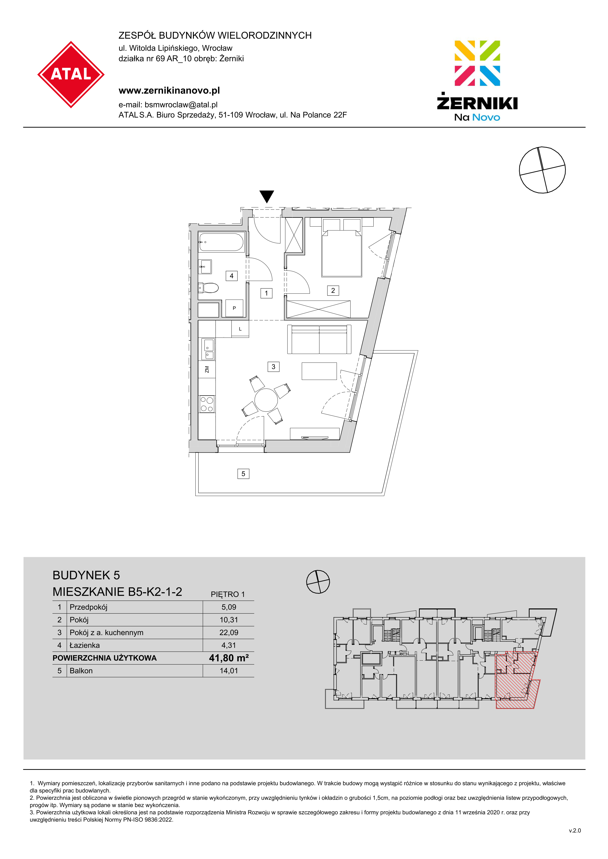 Mieszkanie 41,80 m², piętro 1, oferta nr B5-K2-1-2, Żerniki Na Novo, Wrocław, Żerniki, ul. Maxa Berga-idx