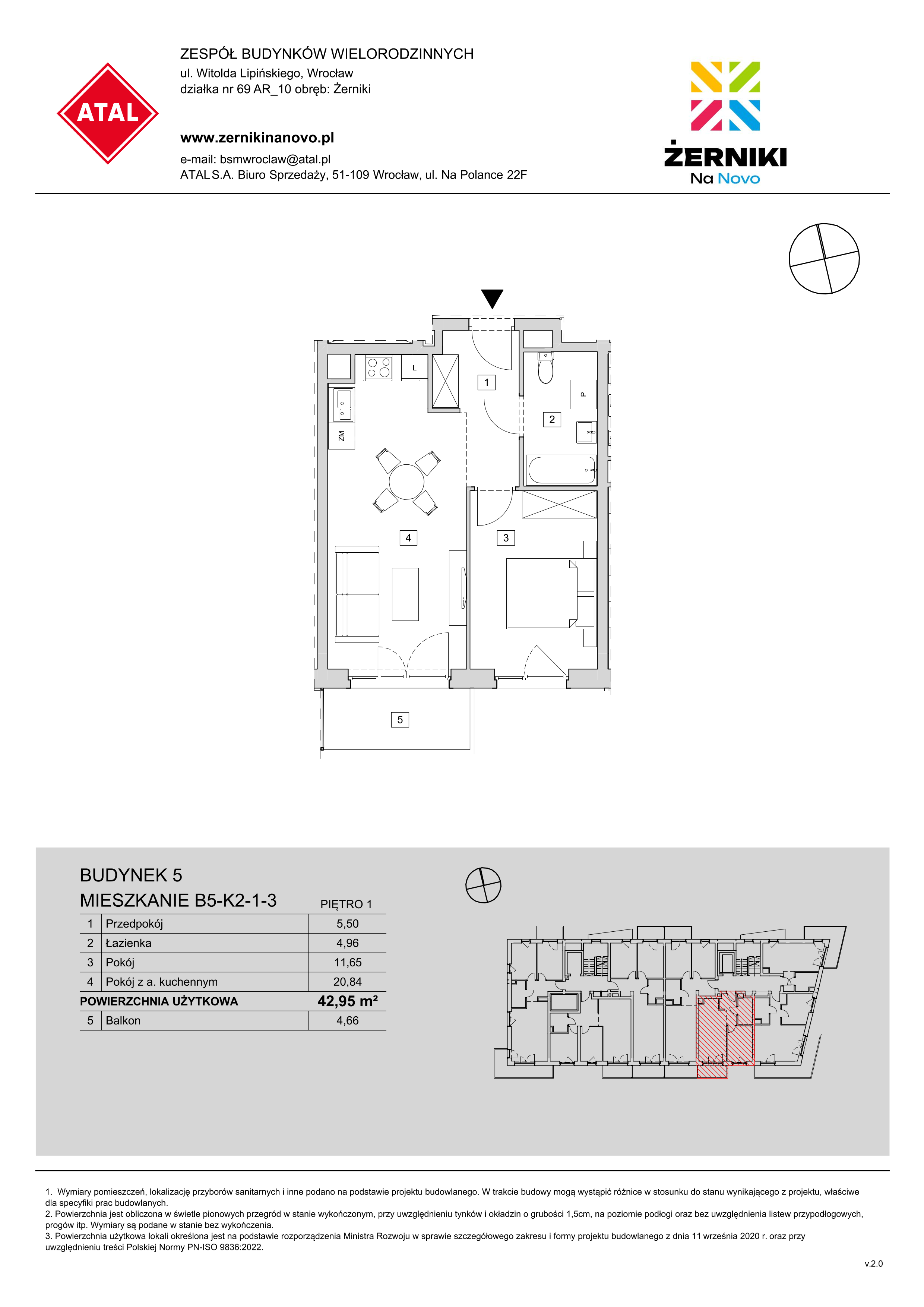 Mieszkanie 42,95 m², piętro 1, oferta nr B5-K2-1-3, Żerniki Na Novo, Wrocław, Żerniki, ul. Maxa Berga-idx