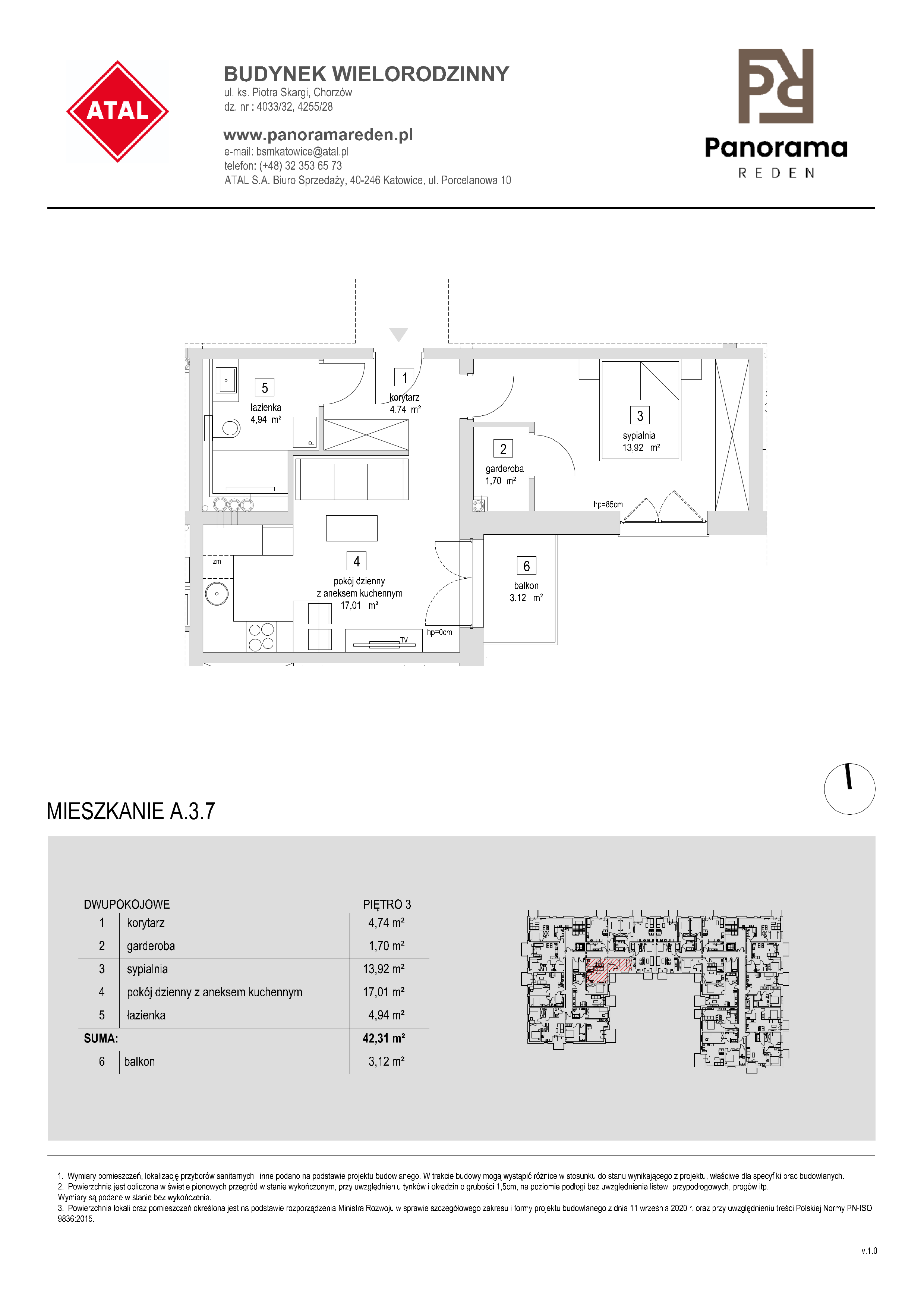 Mieszkanie 42,93 m², piętro 3, oferta nr A-3-M07, Panorama Reden, Chorzów, Centrum, Centrum, ul. Piotra Skargi-idx