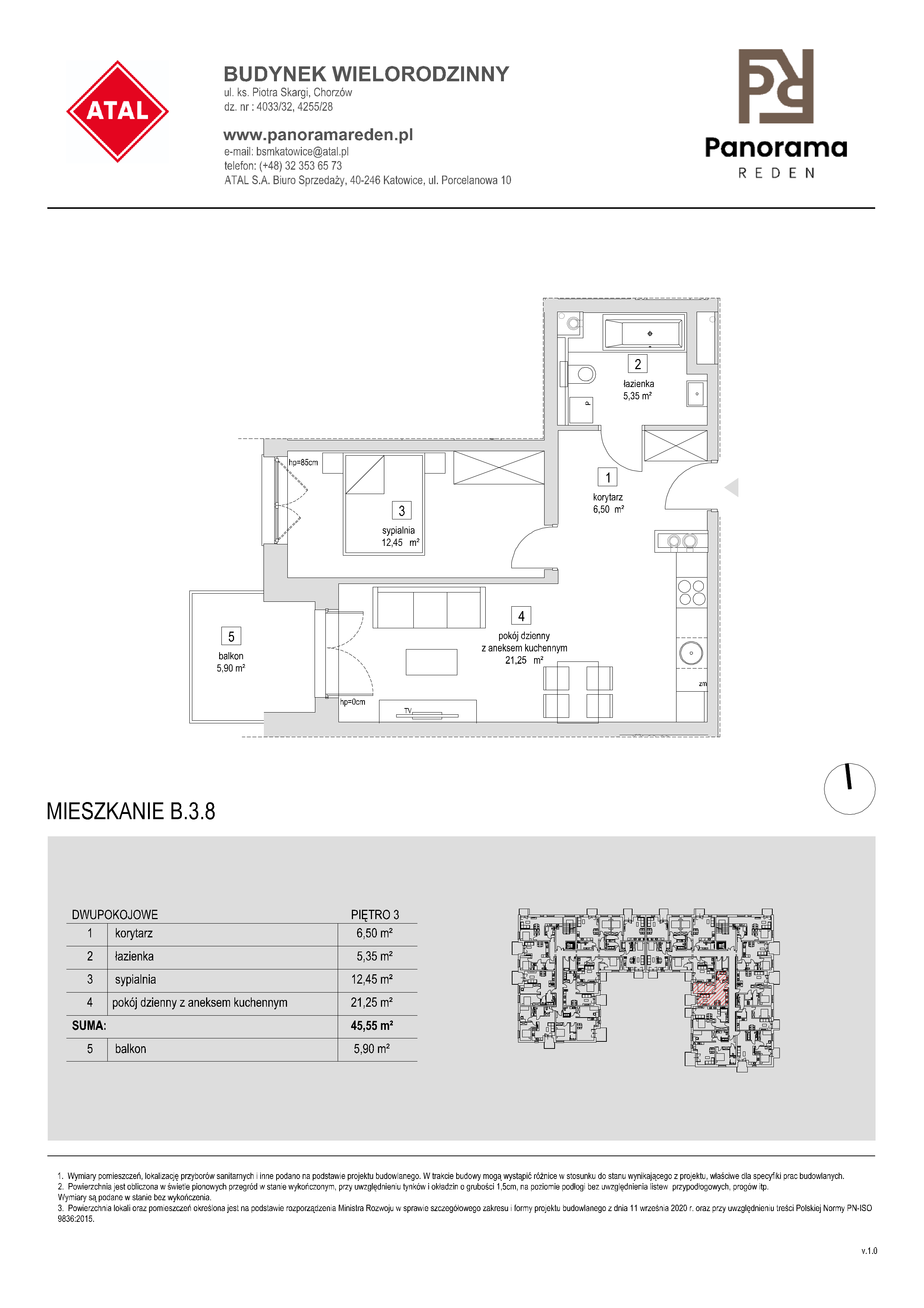 Mieszkanie 45,64 m², piętro 3, oferta nr B-3-M08, Panorama Reden, Chorzów, Centrum, Centrum, ul. Piotra Skargi-idx