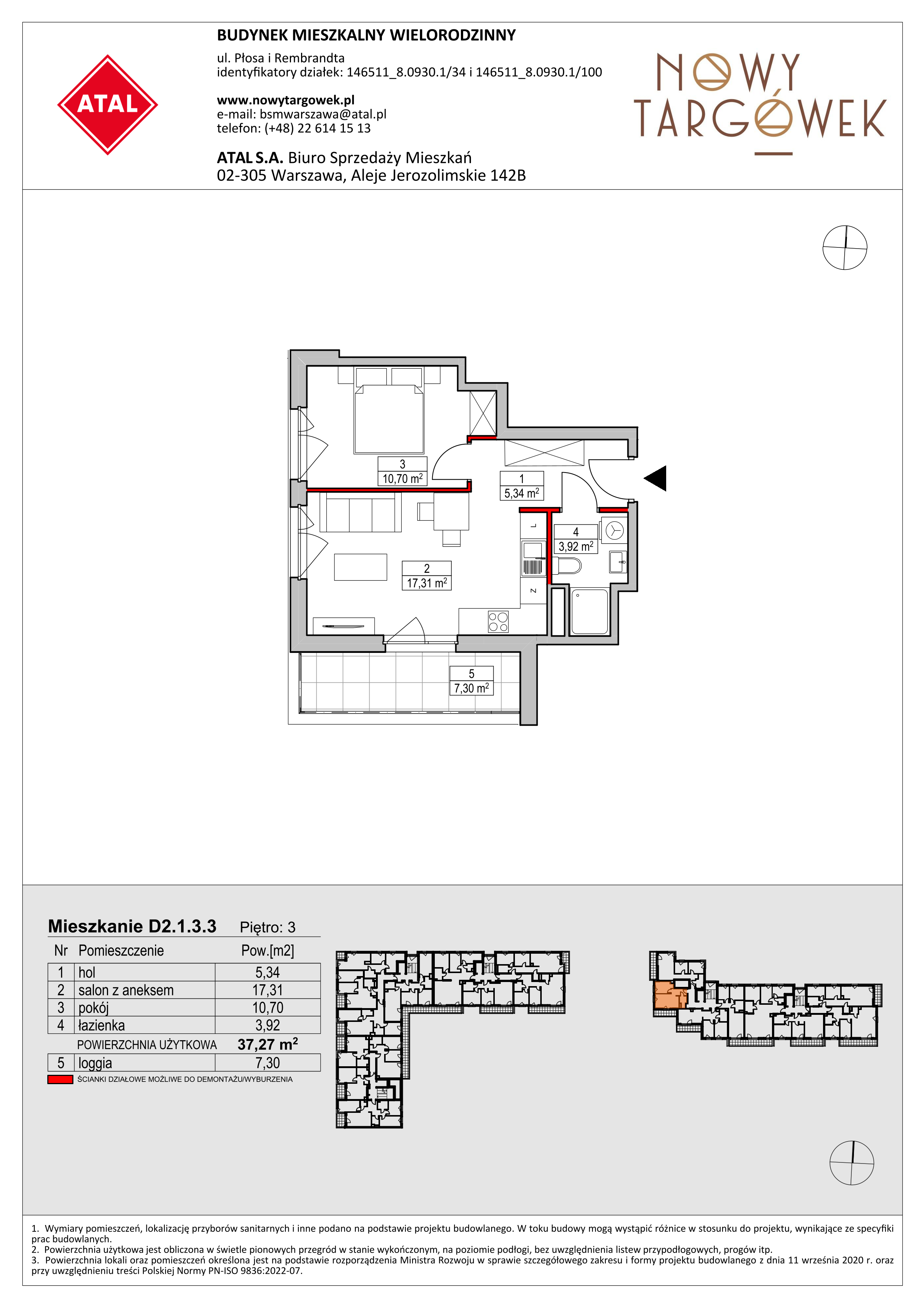 Mieszkanie 37,27 m², piętro 3, oferta nr D2.1.3.3, Nowy Targówek VI, Warszawa, Targówek, Targówek Mieszkaniowy, ul. Płosa 8-idx