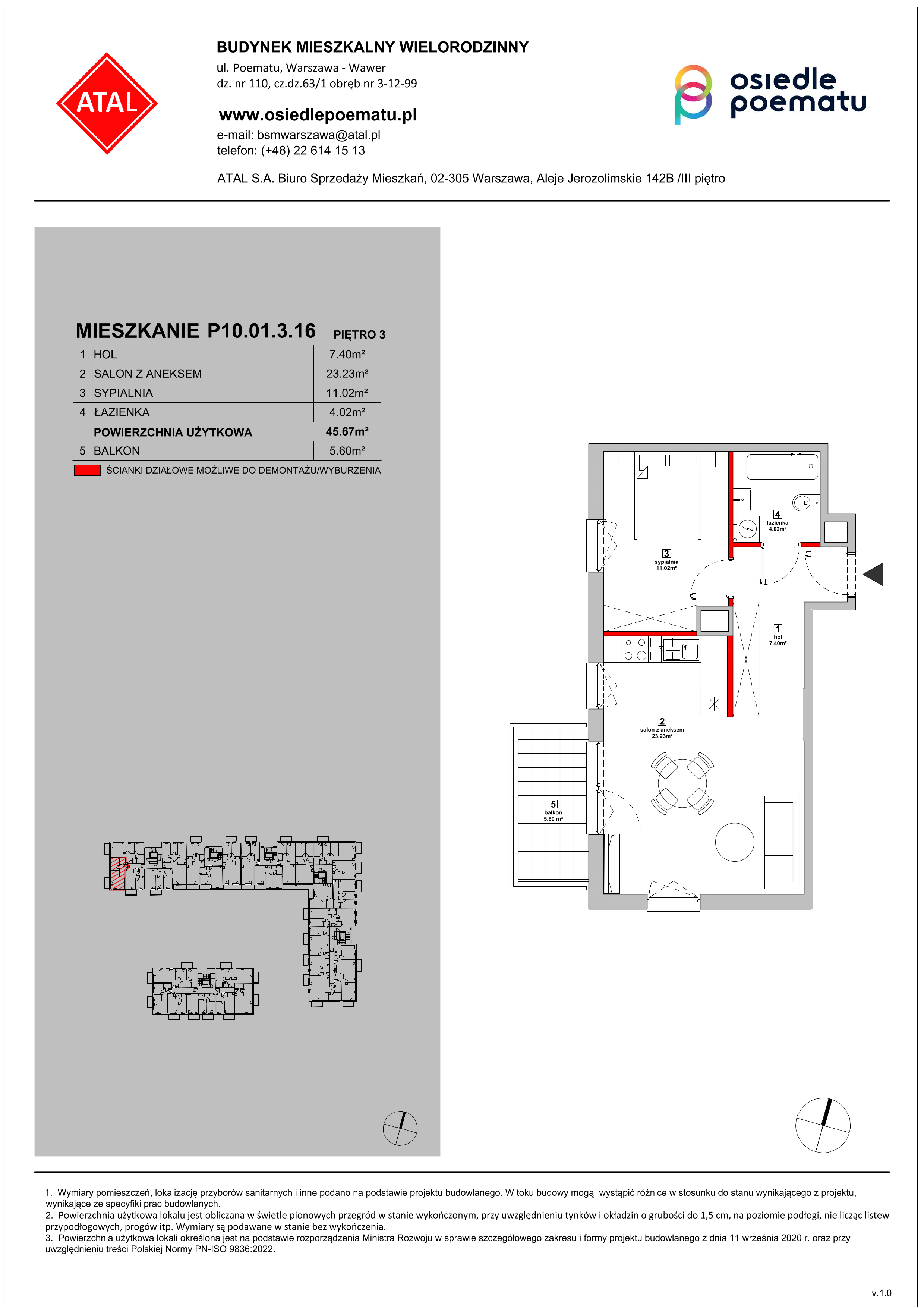 Mieszkanie 45,67 m², piętro 3, oferta nr P10.01.3.16, Osiedle Poematu, Warszawa, Wawer, Falenica, ul. Poematu-idx