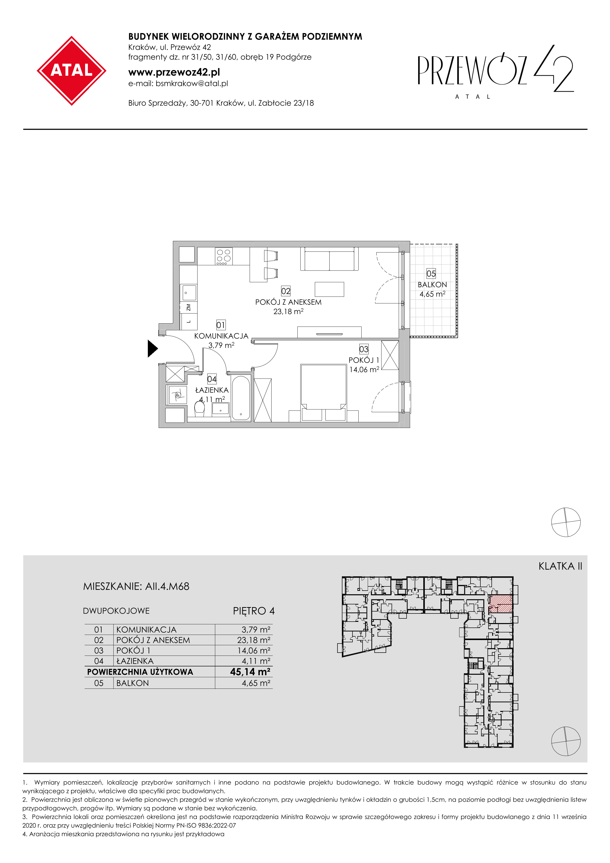 Mieszkanie 45,14 m², piętro 4, oferta nr AII.4.M68, Przewóz 42 ATAL, Kraków, Podgórze, Płaszów, ul. Przewóz 42-idx