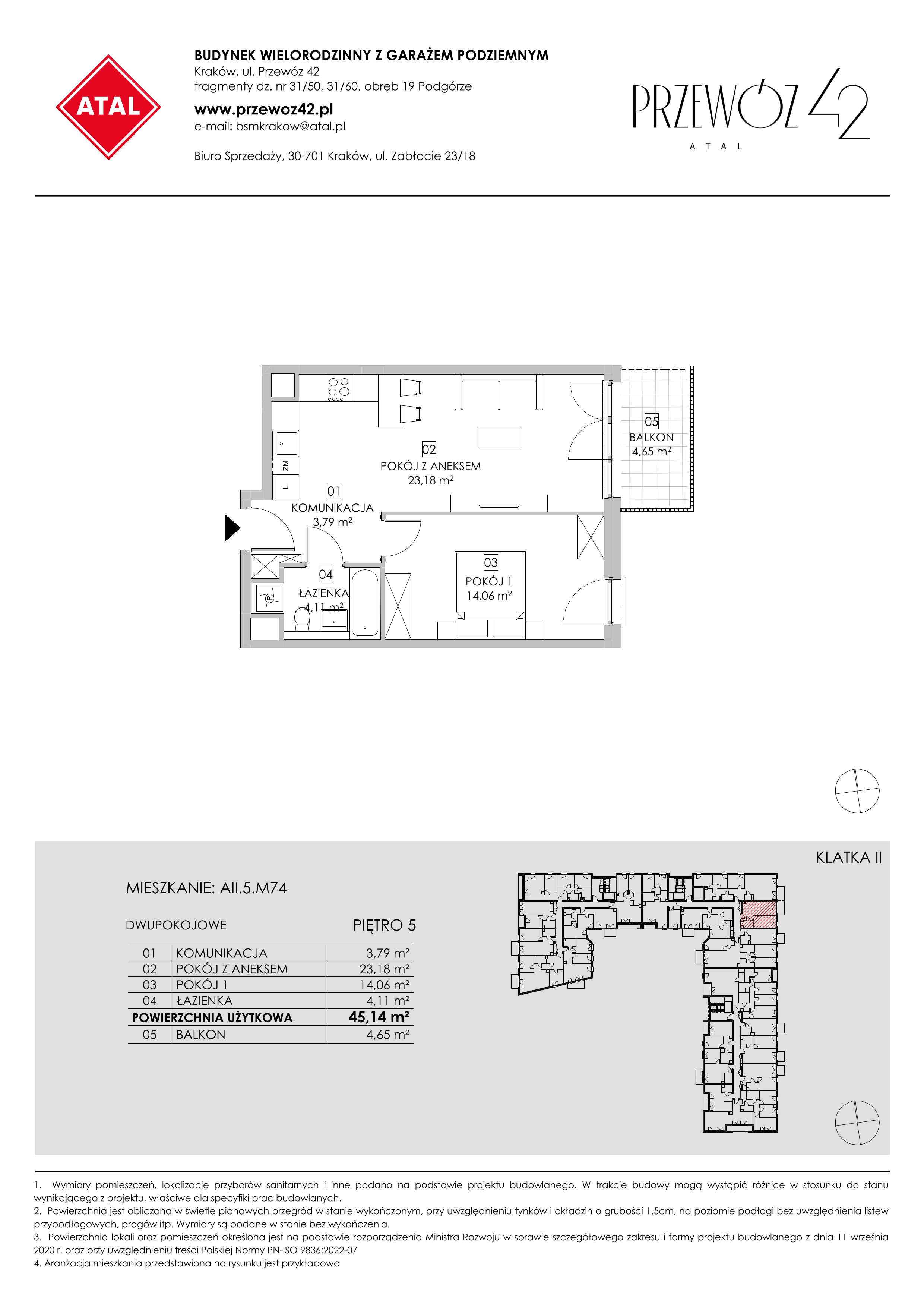 Mieszkanie 45,14 m², piętro 5, oferta nr AII.5.M74, Przewóz 42 ATAL, Kraków, Podgórze, Płaszów, ul. Przewóz 42-idx