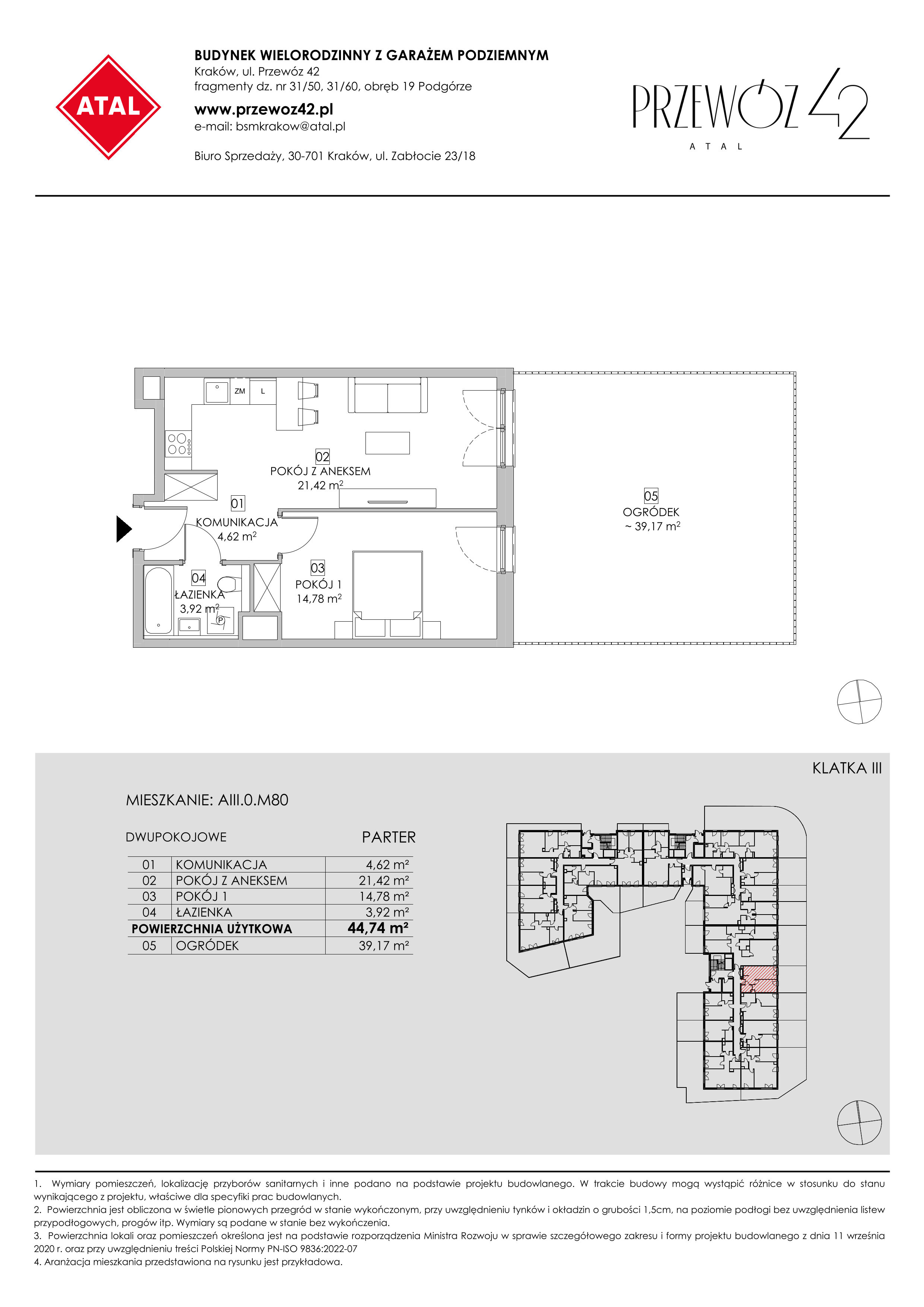 Mieszkanie 44,74 m², parter, oferta nr AIII.0.M80, Przewóz 42 ATAL, Kraków, Podgórze, Płaszów, ul. Przewóz 42-idx