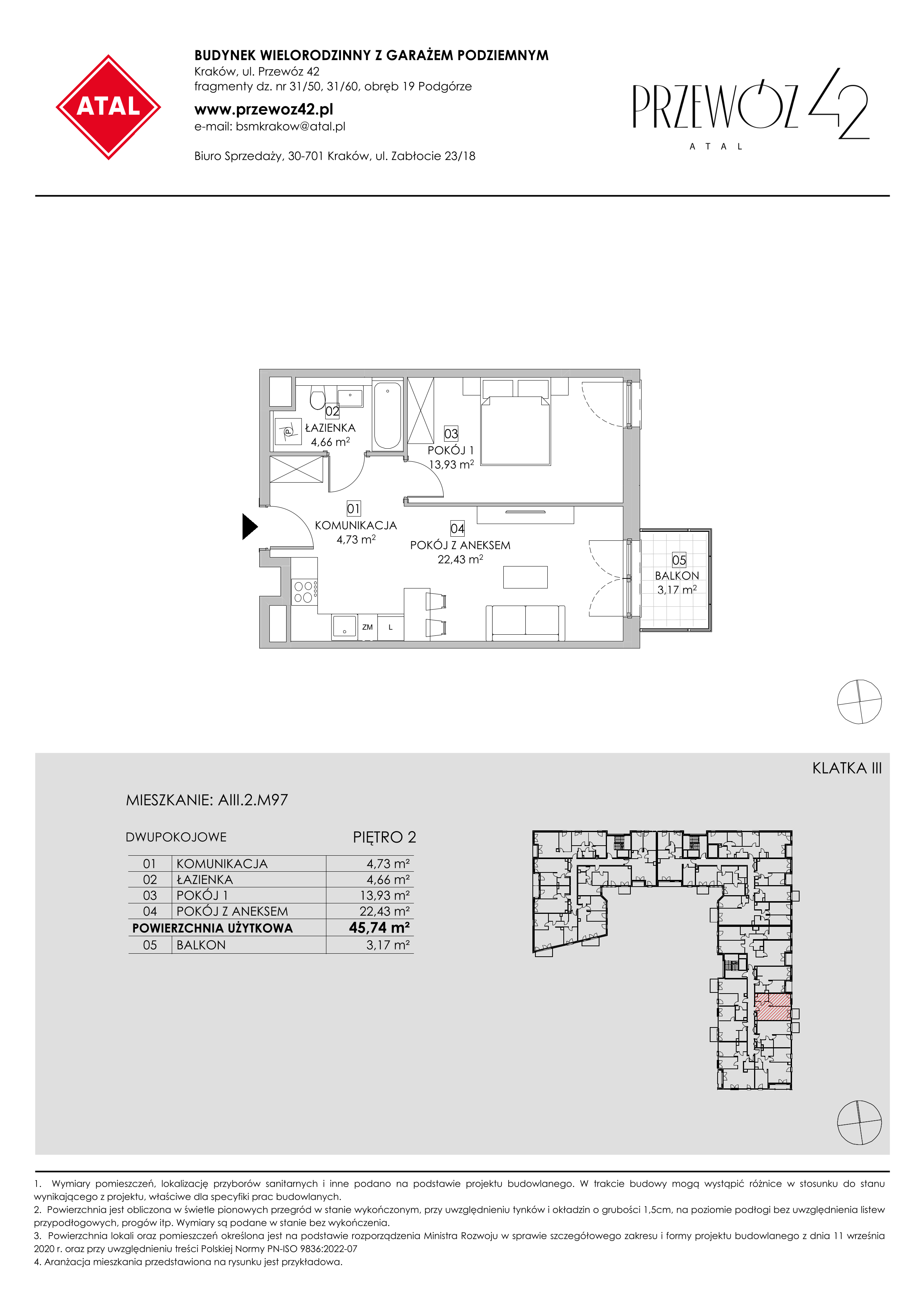 Mieszkanie 45,74 m², piętro 2, oferta nr AIII.2.M97, Przewóz 42 ATAL, Kraków, Podgórze, Płaszów, ul. Przewóz 42-idx