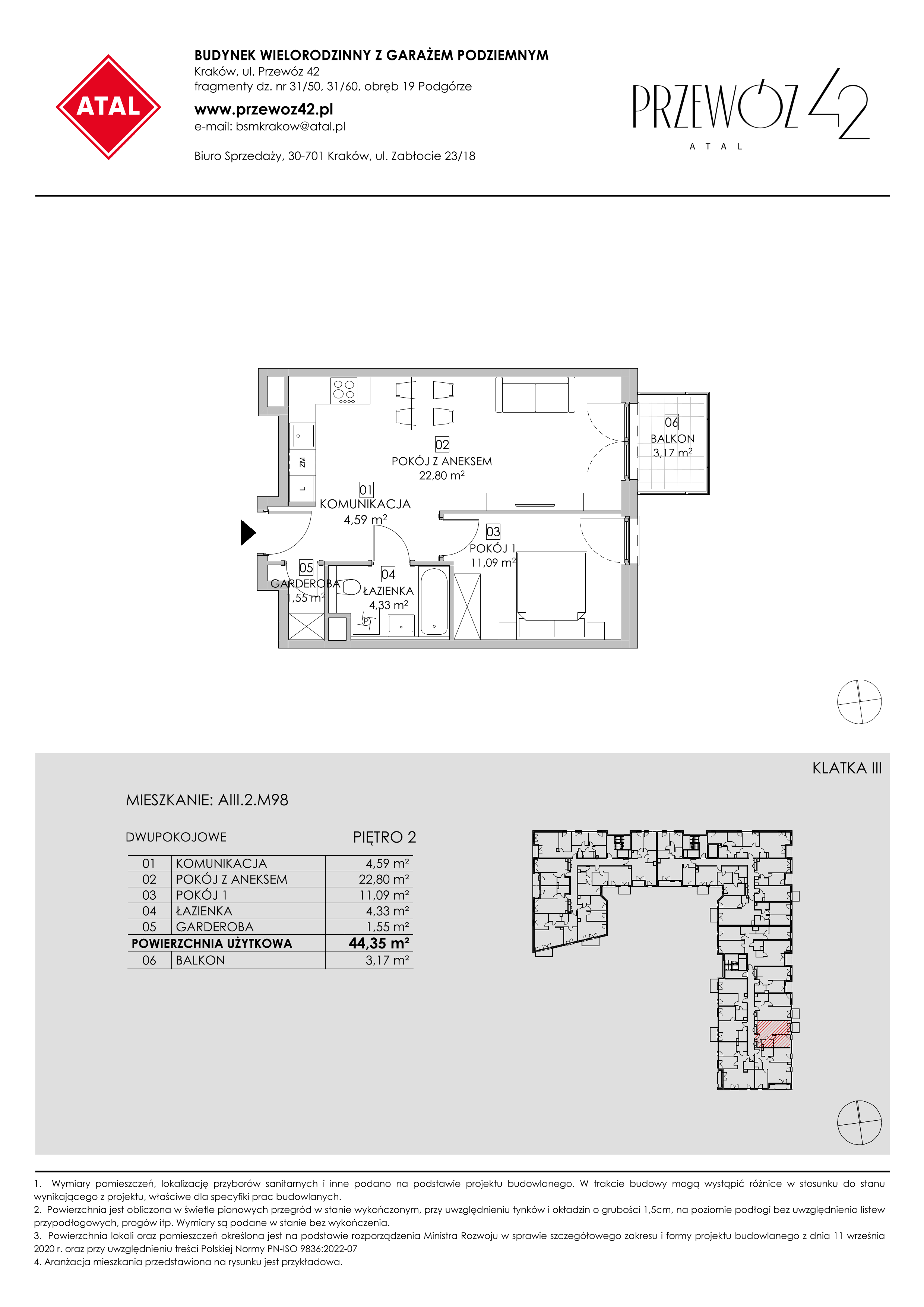 Mieszkanie 44,35 m², piętro 2, oferta nr AIII.2.M98, Przewóz 42 ATAL, Kraków, Podgórze, Płaszów, ul. Przewóz 42-idx