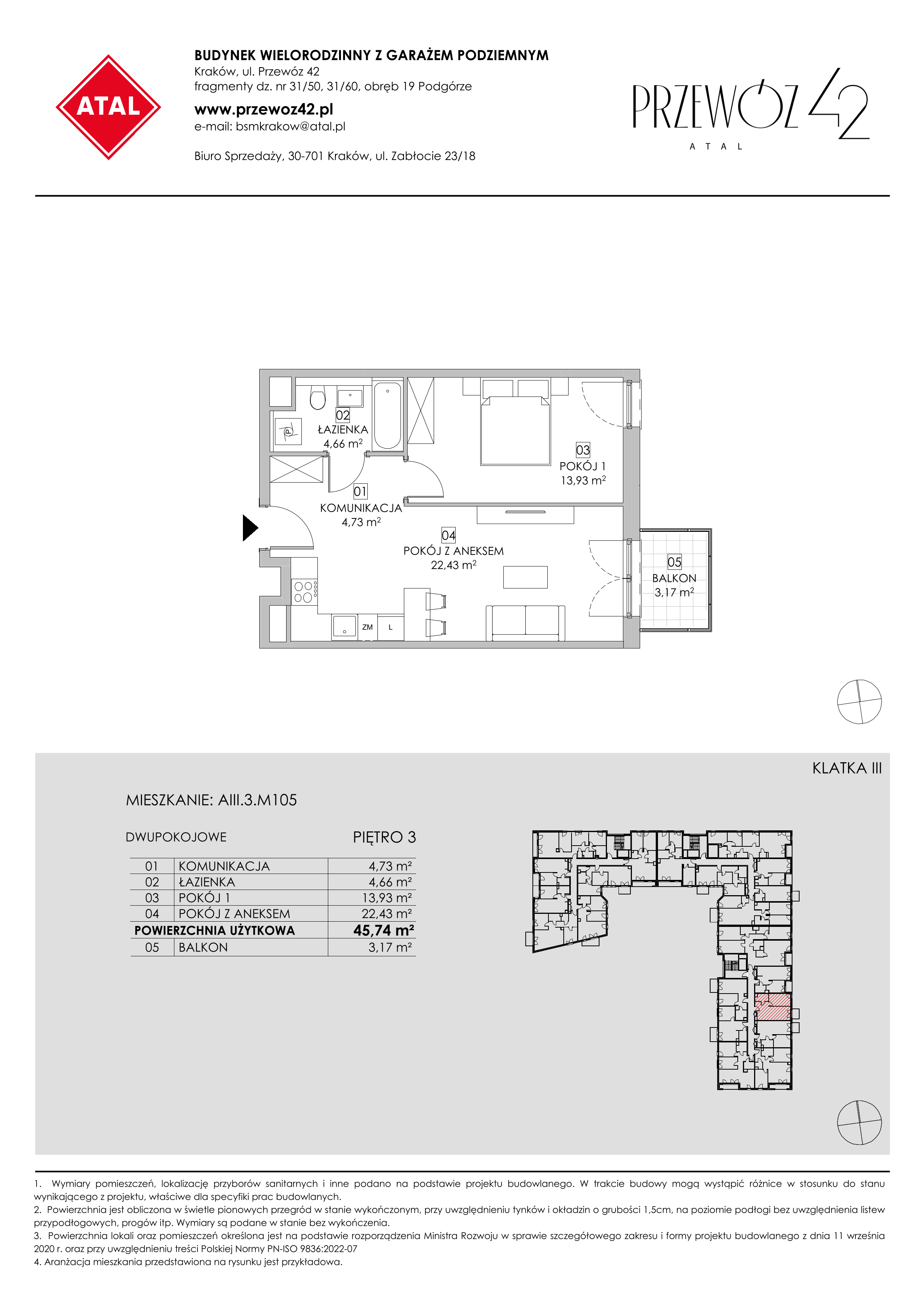 Mieszkanie 45,74 m², piętro 3, oferta nr AIII.3.M105, Przewóz 42 ATAL, Kraków, Podgórze, Płaszów, ul. Przewóz 42-idx