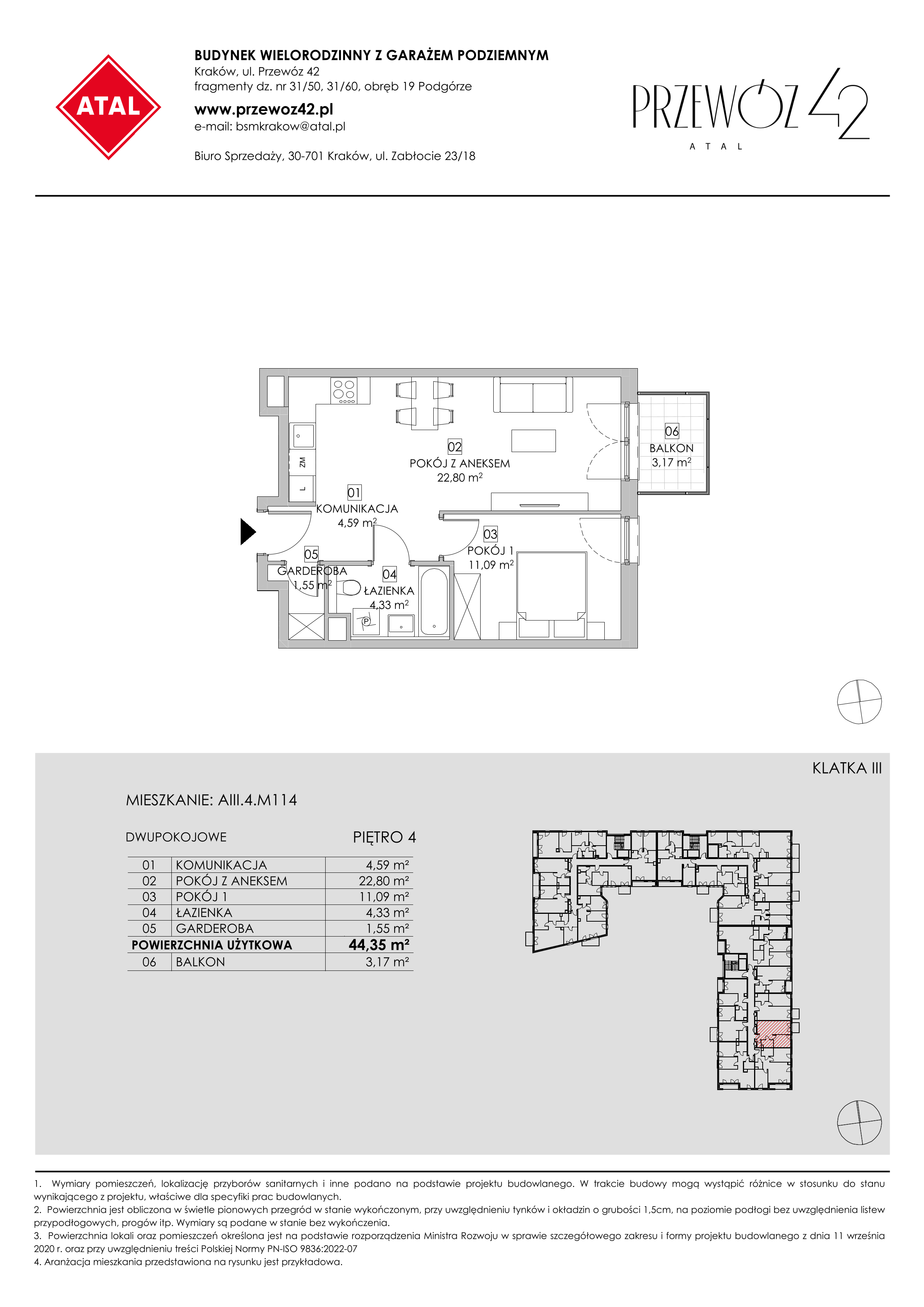 Mieszkanie 44,35 m², piętro 4, oferta nr AIII.4.M114, Przewóz 42 ATAL, Kraków, Podgórze, Płaszów, ul. Przewóz 42-idx