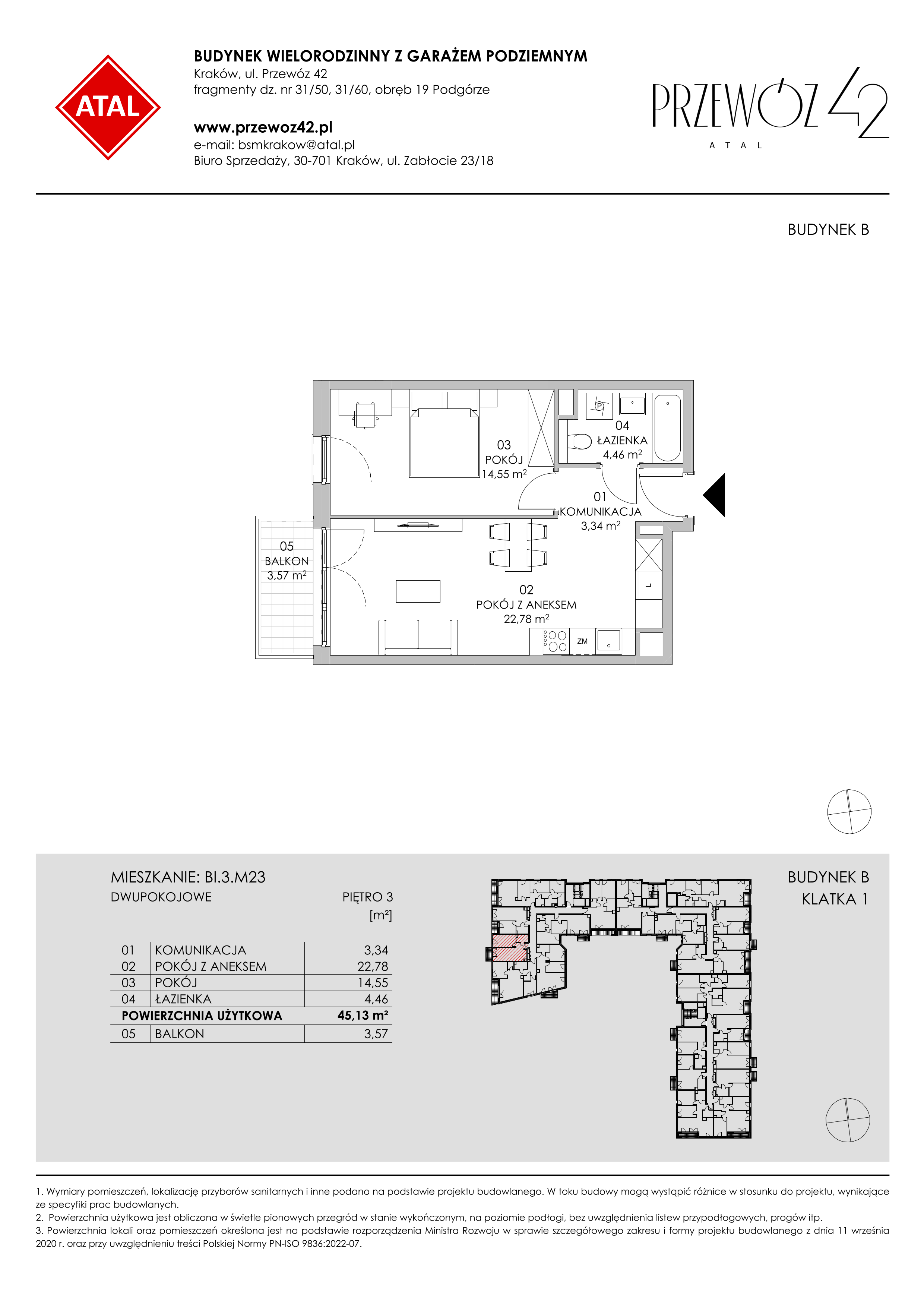 Mieszkanie 45,13 m², piętro 3, oferta nr BI.3.M23, Przewóz 42 ATAL II, Kraków, Podgórze, Płaszów, ul. Przewóz 42-idx