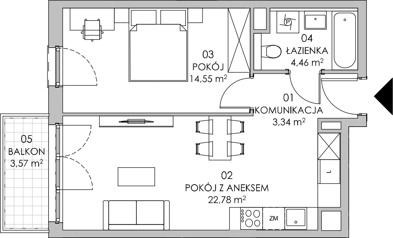 Mieszkanie 45,13 m², piętro 3, oferta nr BI.3.M23, Przewóz 42 ATAL II, Kraków, Podgórze, Płaszów, ul. Przewóz 42-idx