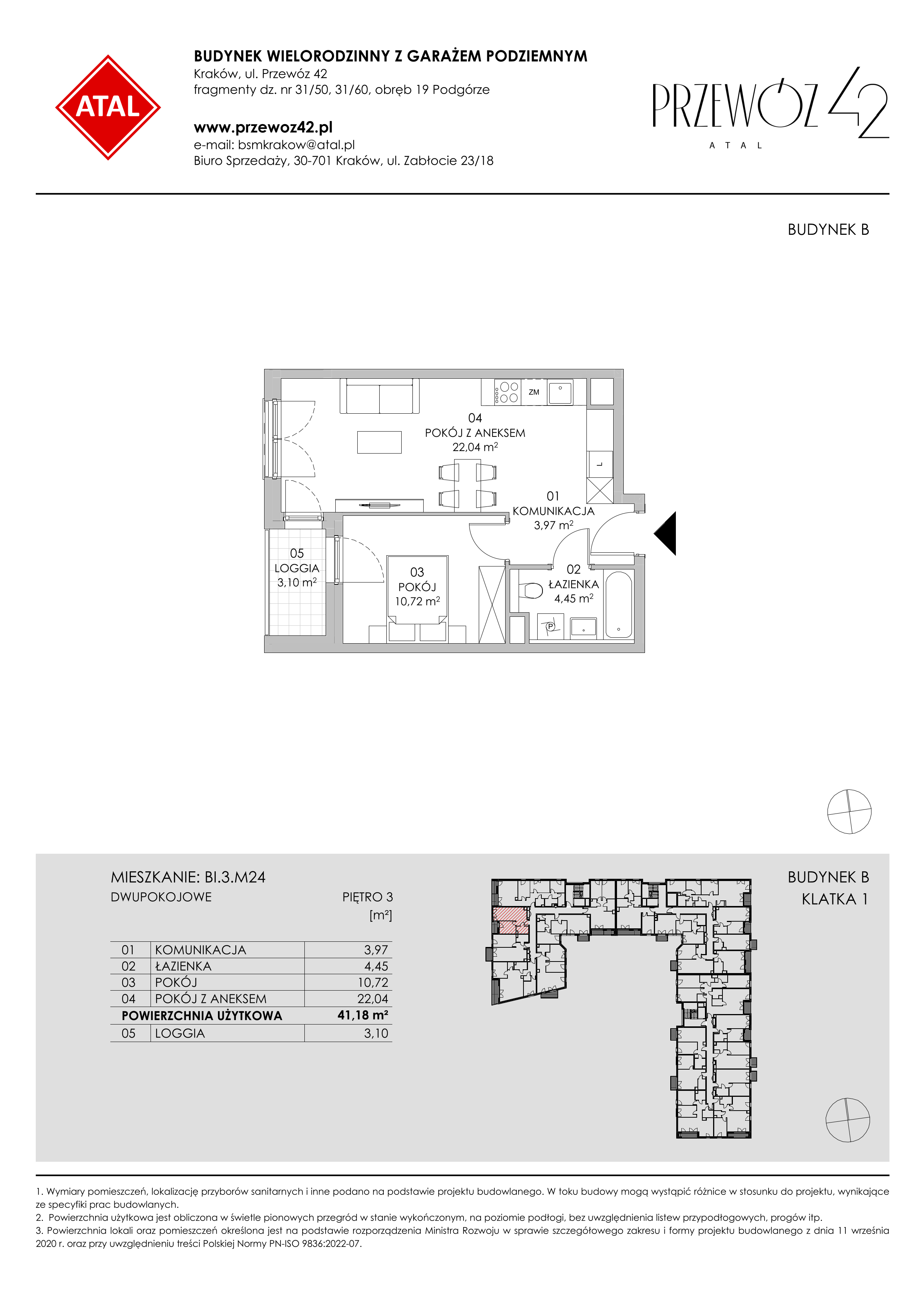 Mieszkanie 41,18 m², piętro 3, oferta nr BI.3.M24, Przewóz 42 ATAL II, Kraków, Podgórze, Płaszów, ul. Przewóz 42-idx