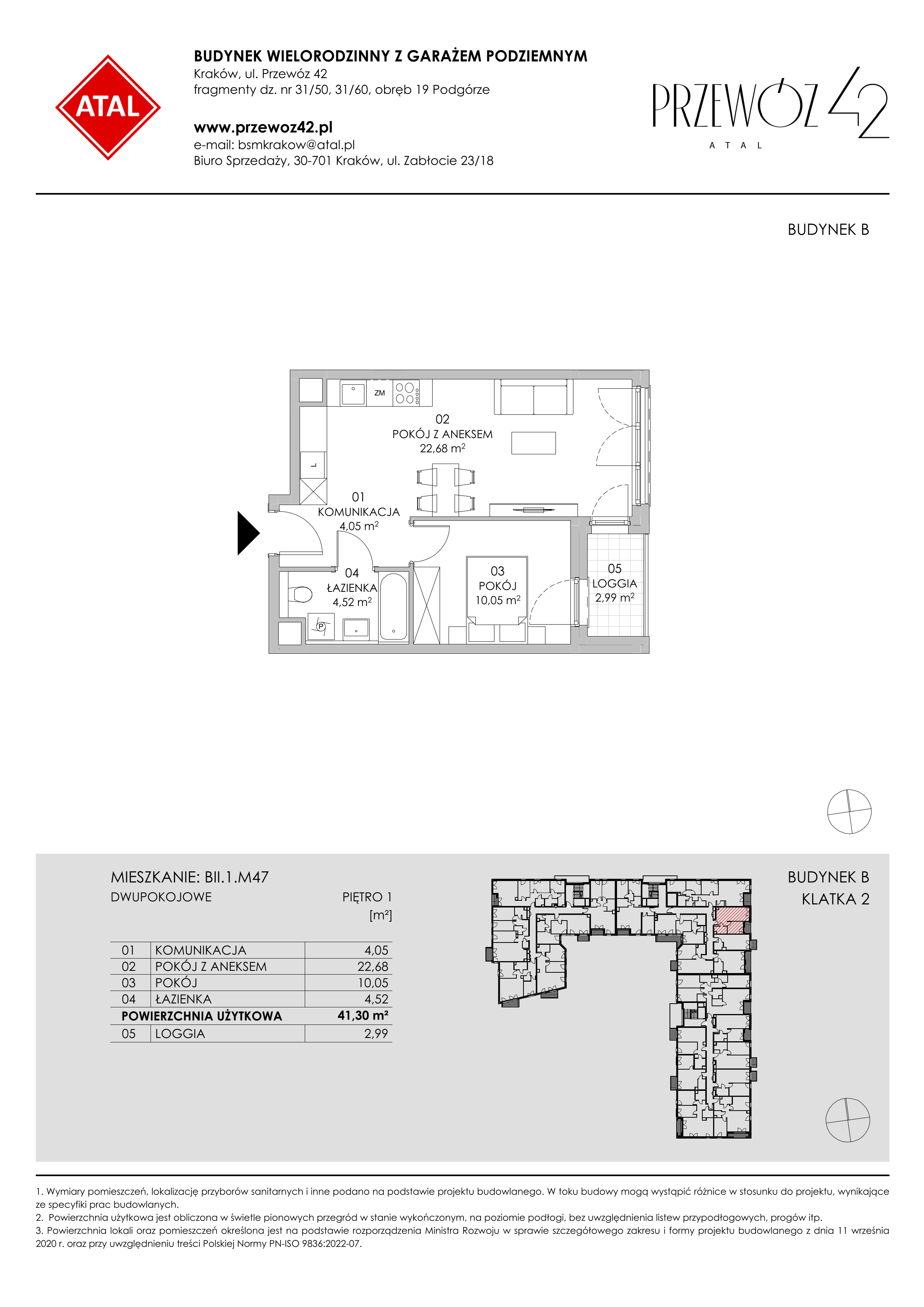 Mieszkanie 41,30 m², piętro 1, oferta nr BII.1.M47, Przewóz 42 ATAL II, Kraków, Podgórze, Płaszów, ul. Przewóz 42-idx