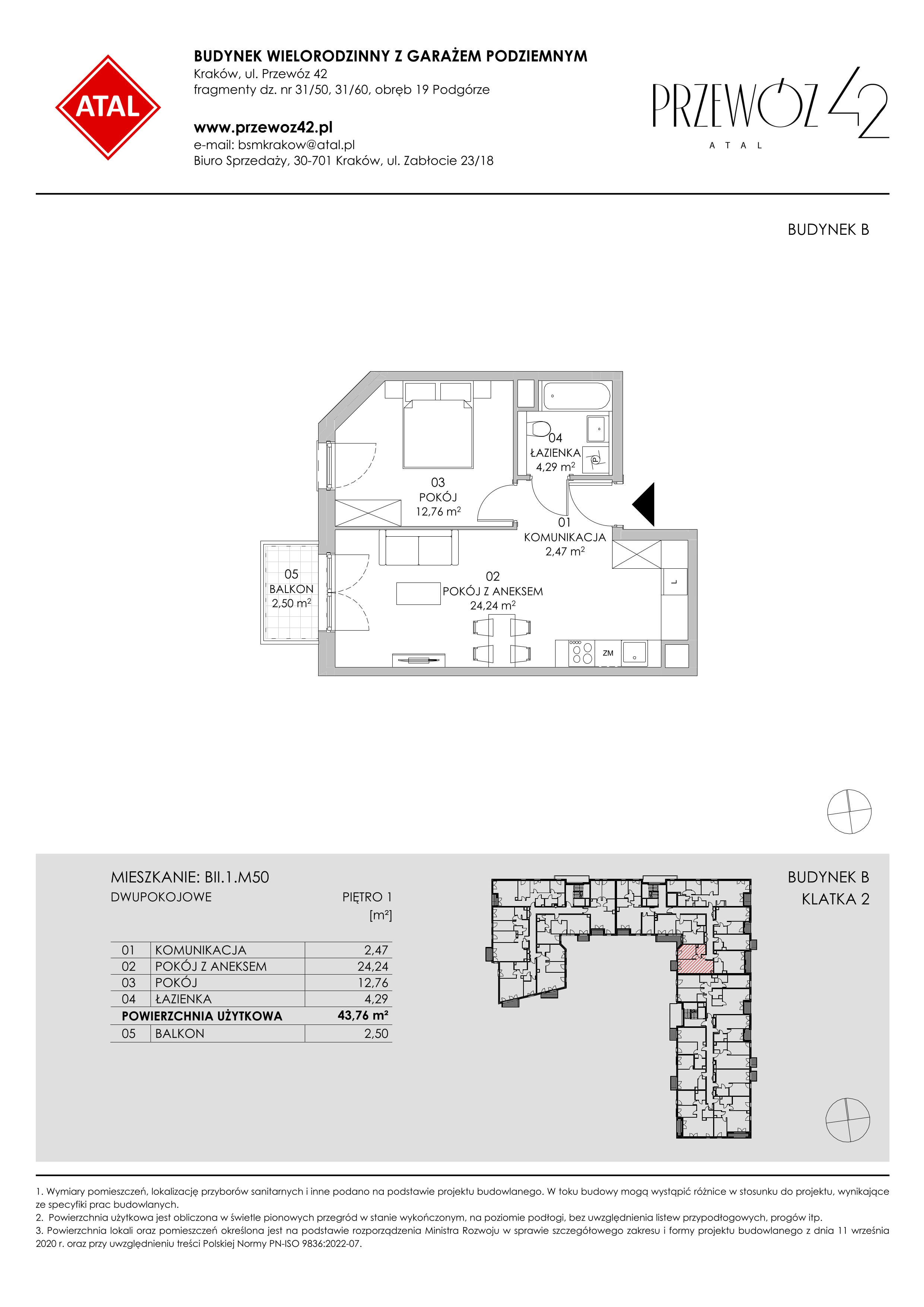 Mieszkanie 43,76 m², piętro 1, oferta nr BII.1.M50, Przewóz 42 ATAL II, Kraków, Podgórze, Płaszów, ul. Przewóz 42-idx