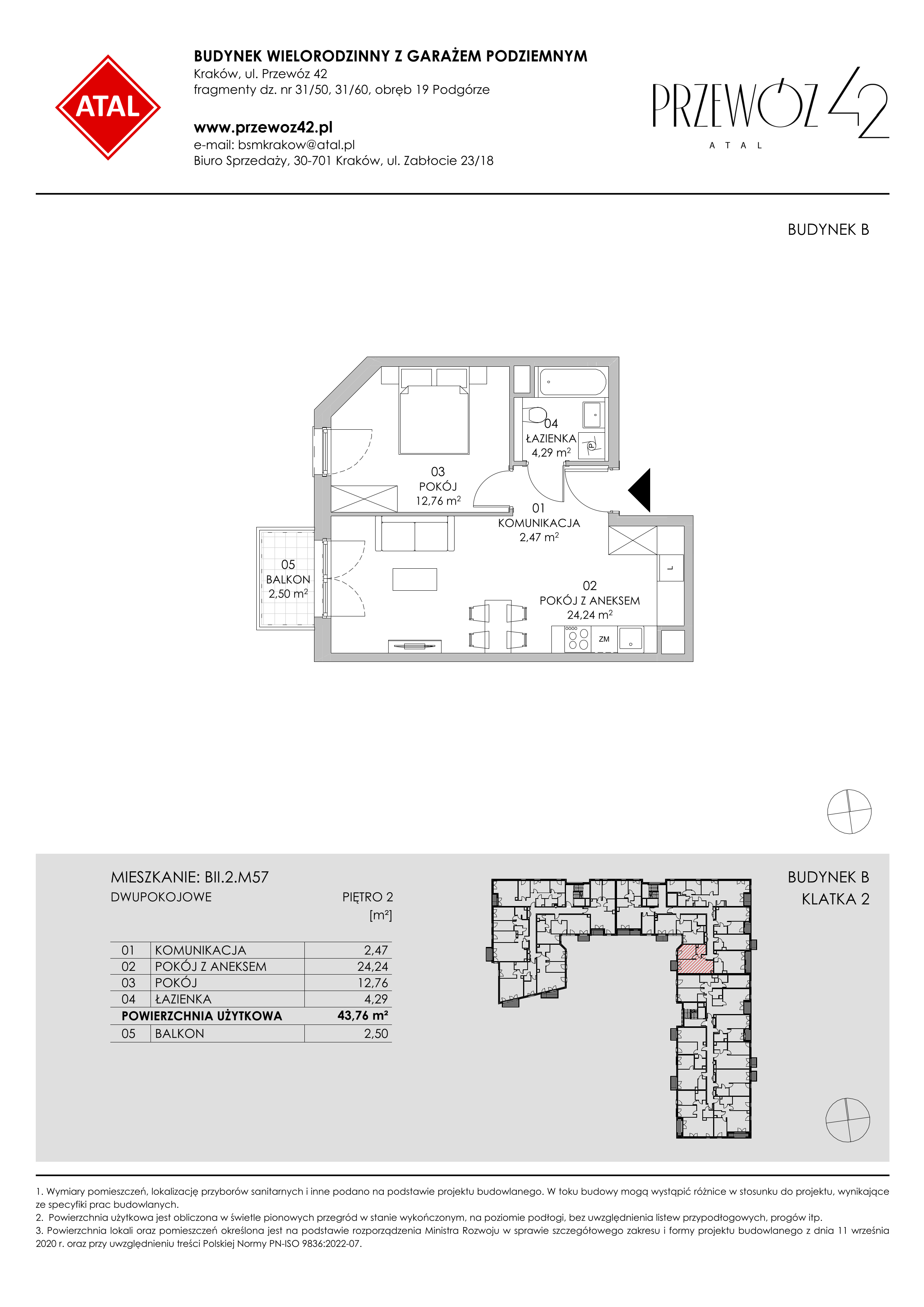 Mieszkanie 43,76 m², piętro 2, oferta nr BII.2.M57, Przewóz 42 ATAL II, Kraków, Podgórze, Płaszów, ul. Przewóz 42-idx