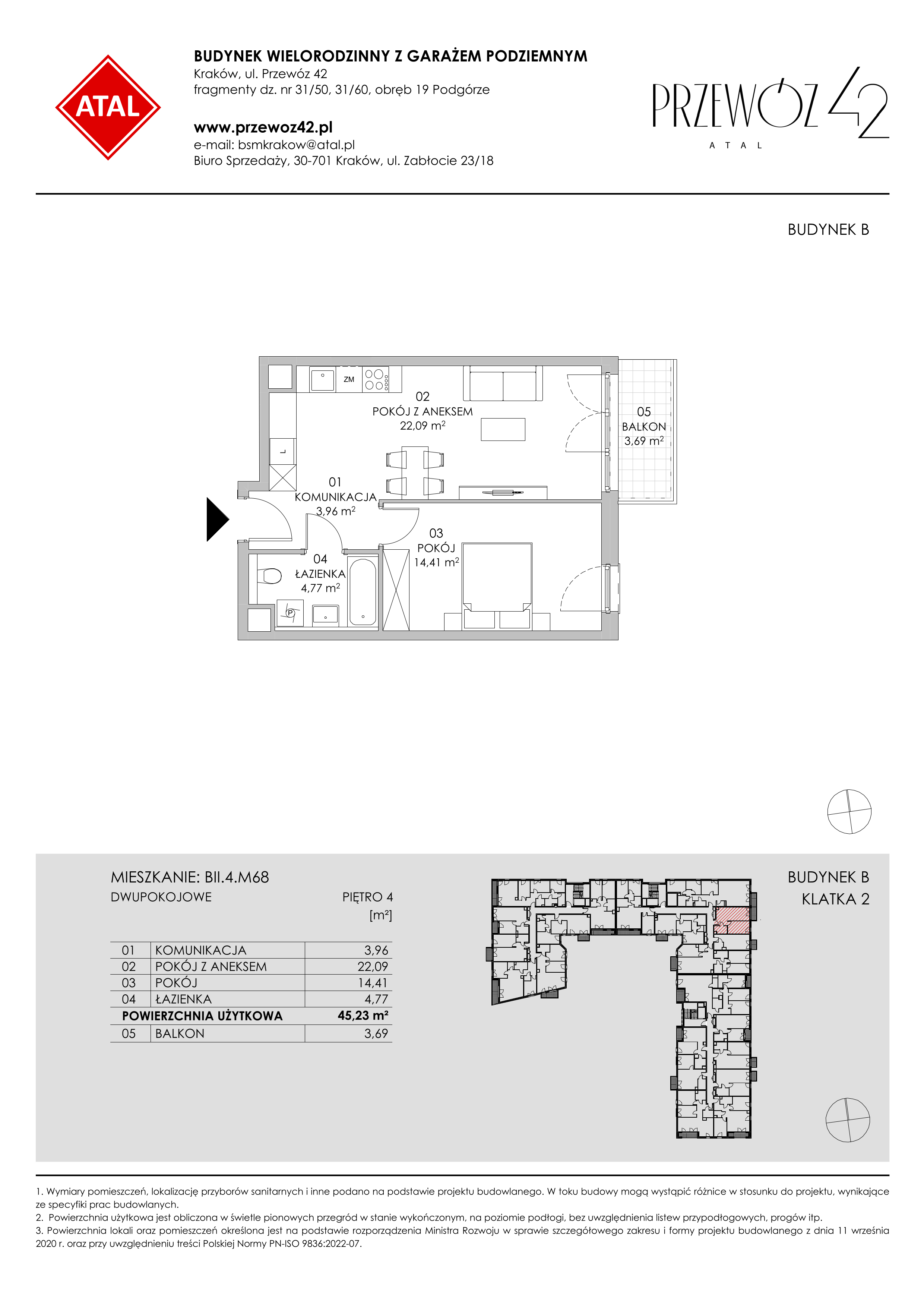 Mieszkanie 45,23 m², piętro 4, oferta nr BII.4.M68, Przewóz 42 ATAL II, Kraków, Podgórze, Płaszów, ul. Przewóz 42-idx