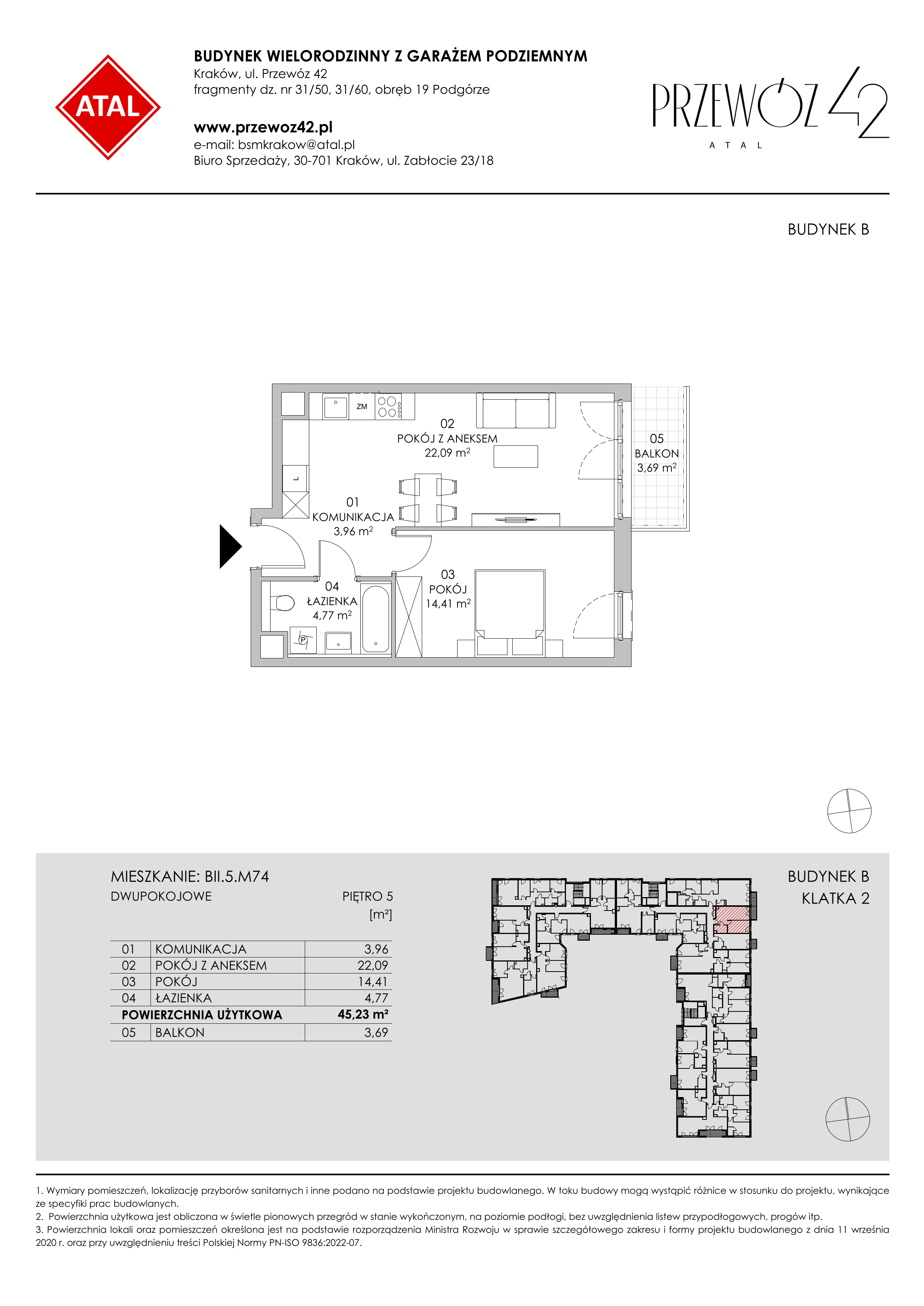 Mieszkanie 45,23 m², piętro 5, oferta nr BII.5.M74, Przewóz 42 ATAL II, Kraków, Podgórze, Płaszów, ul. Przewóz 42-idx