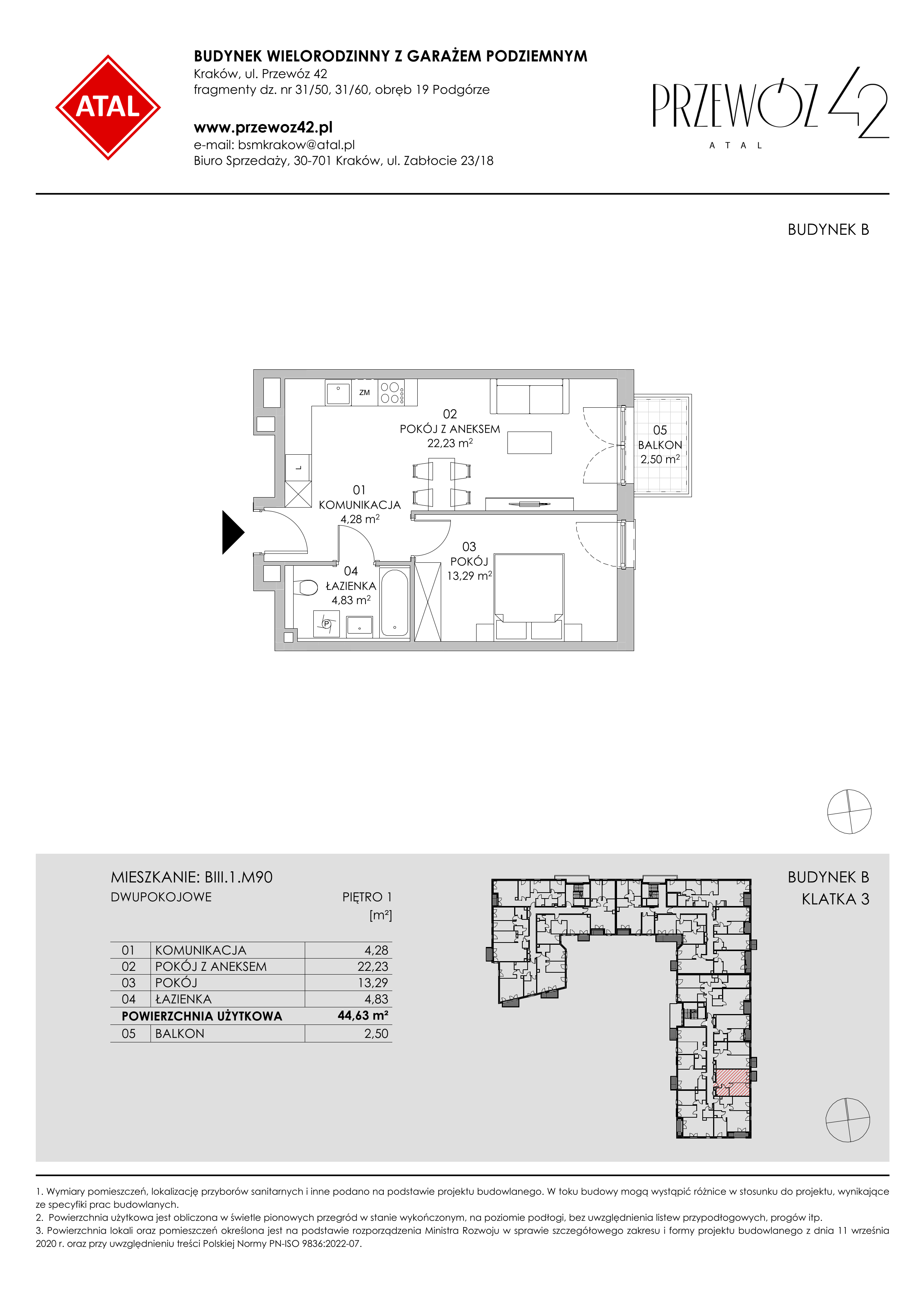 Mieszkanie 44,63 m², piętro 1, oferta nr BIII.1.M90, Przewóz 42 ATAL II, Kraków, Podgórze, Płaszów, ul. Przewóz 42-idx