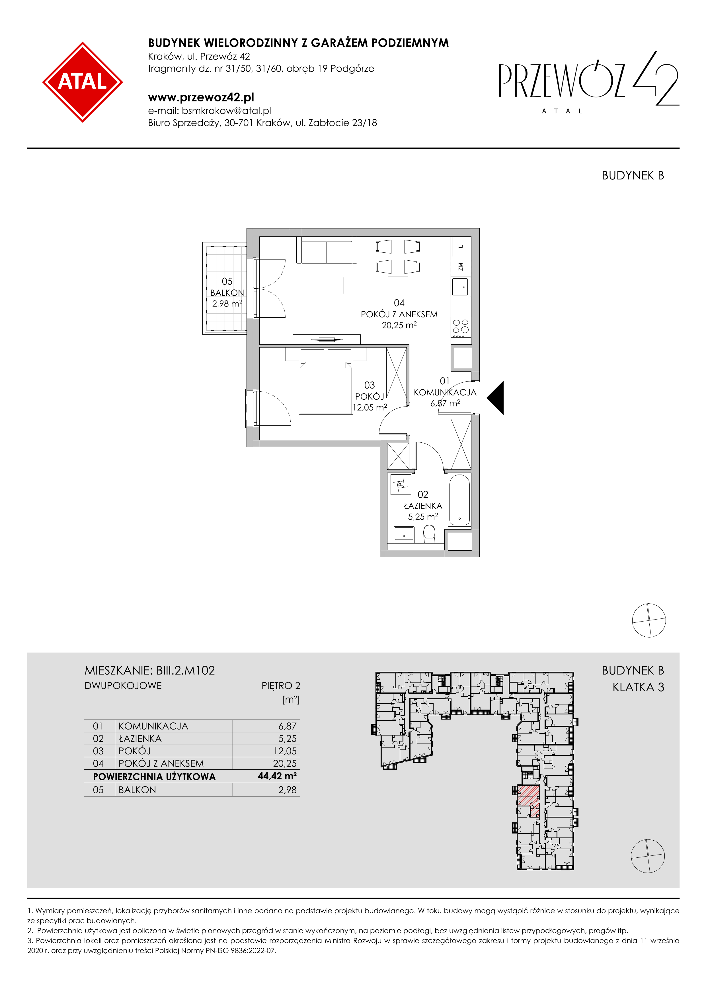 Mieszkanie 44,42 m², piętro 2, oferta nr BIII.2.M102, Przewóz 42 ATAL II, Kraków, Podgórze, Płaszów, ul. Przewóz 42-idx