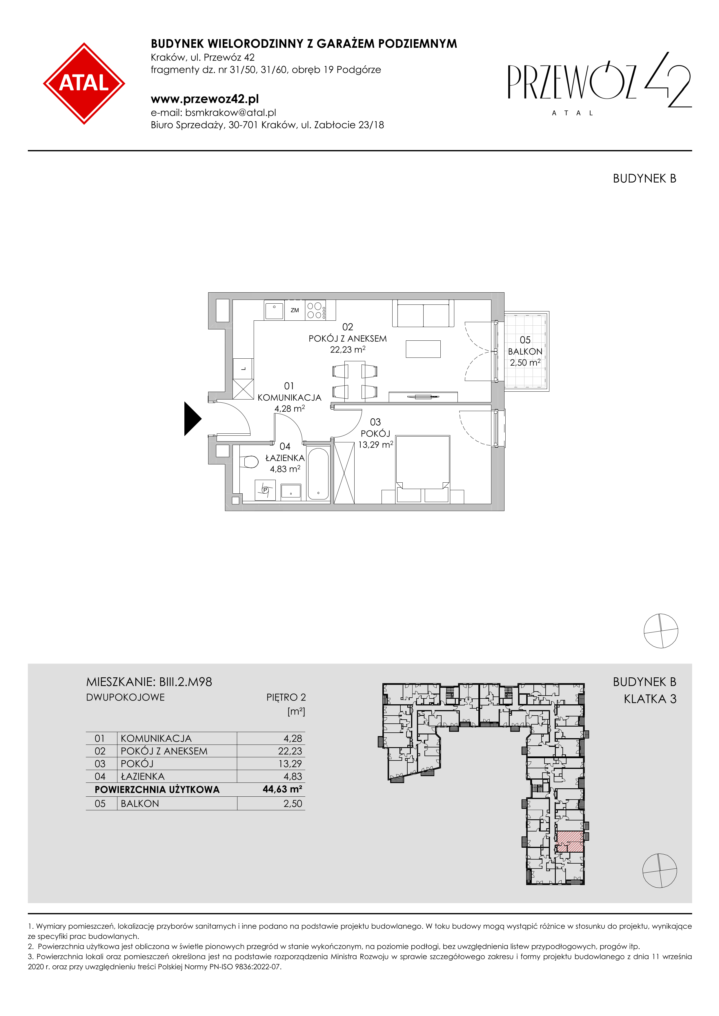 Mieszkanie 44,63 m², piętro 2, oferta nr BIII.2.M98, Przewóz 42 ATAL II, Kraków, Podgórze, Płaszów, ul. Przewóz 42-idx